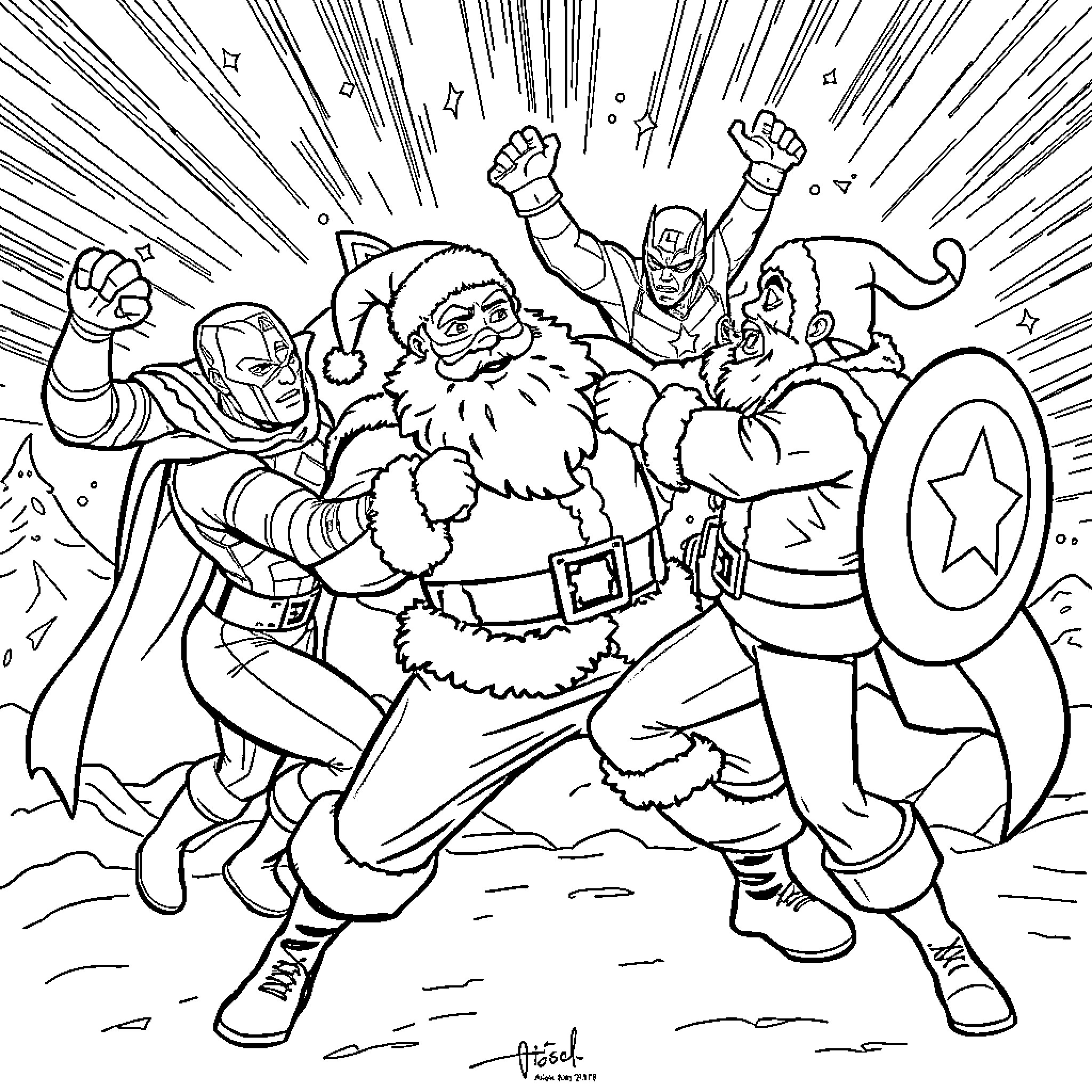 Avenger Heroes Fight Alongside Santa Claus Coloring Page (free black-and-white line drawing printable PDF for all, from beginners to advanced learners, including children, teens, adults, and seniors)