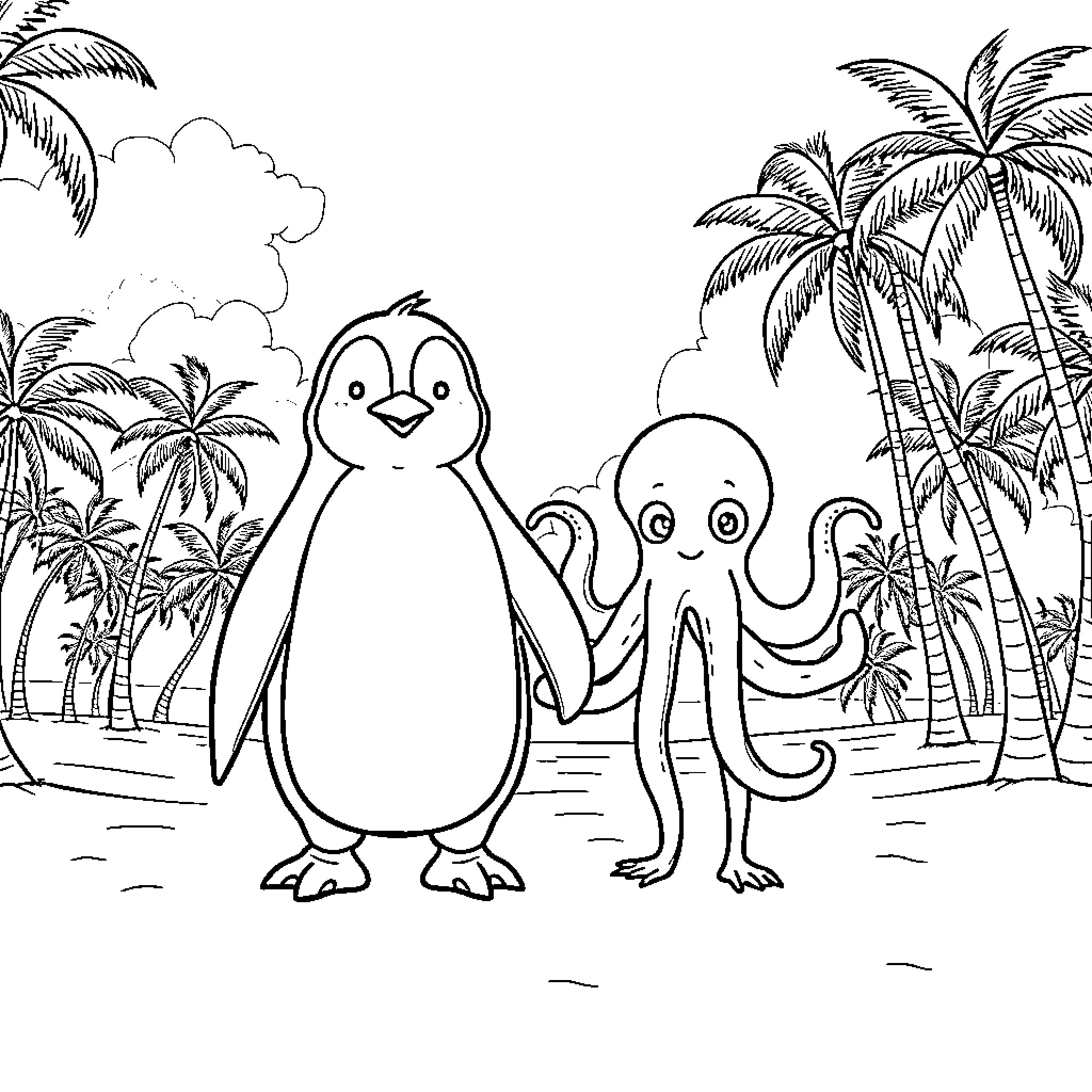 Penguin and octopus enjoying a tropical beach Coloring Page (free black-and-white line drawing printable PDF for all, from beginners to advanced learners, including children, teens, adults, and seniors)