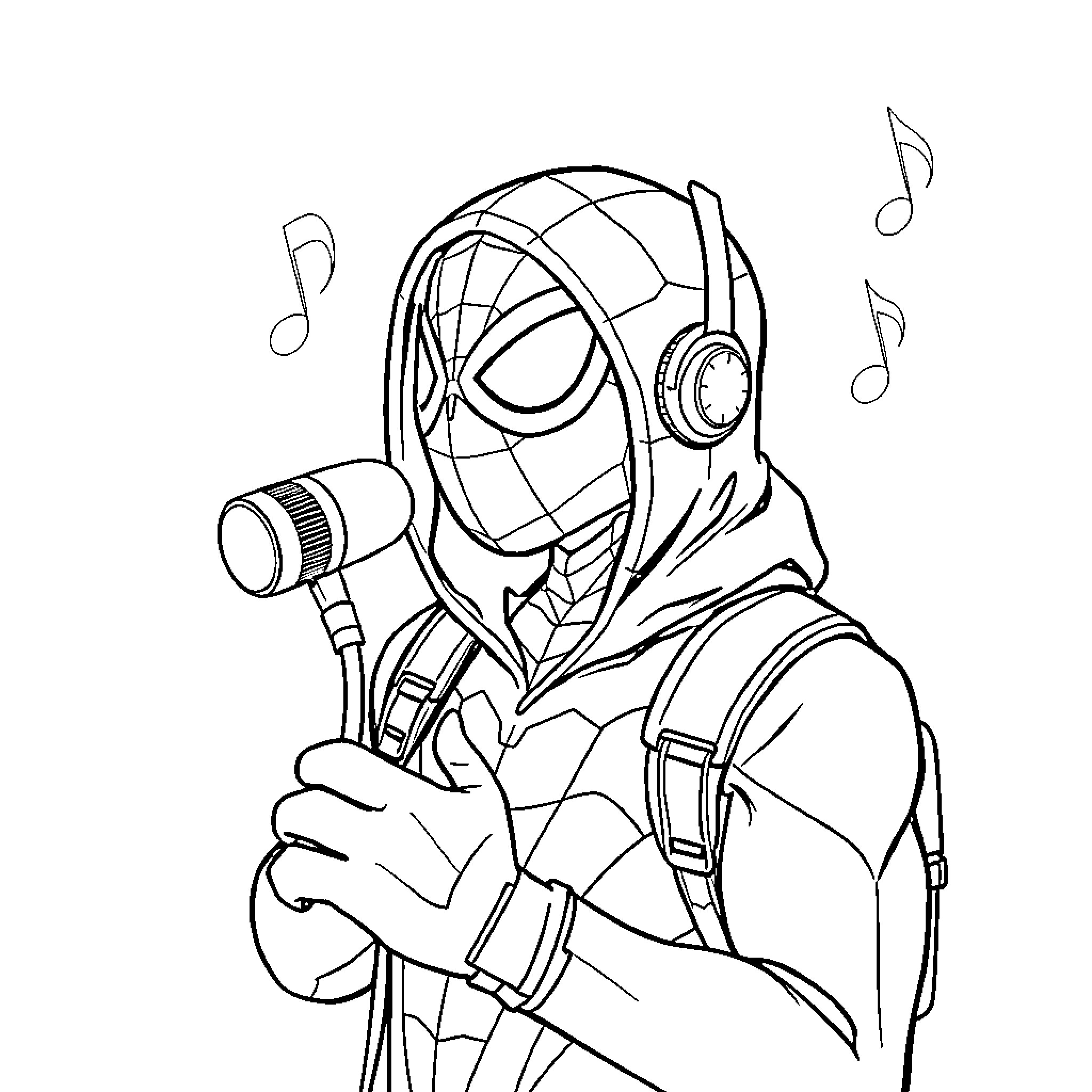 Homem-Aranha singing and listening to music Coloring Page (free black-and-white line drawing printable PDF for all, from beginners to advanced learners, including children, teens, adults, and seniors)