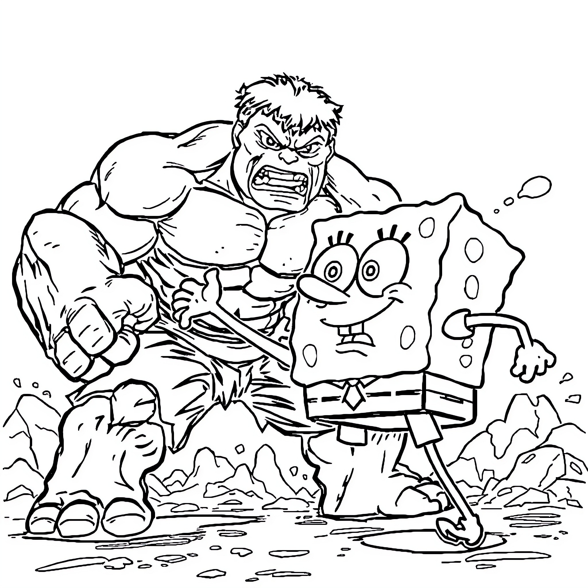 Spongebob and the Hulk in an epic battle Coloring Page (free black-and-white line drawing printable PDF for all, from beginners to advanced learners, including children, teens, adults, and seniors)