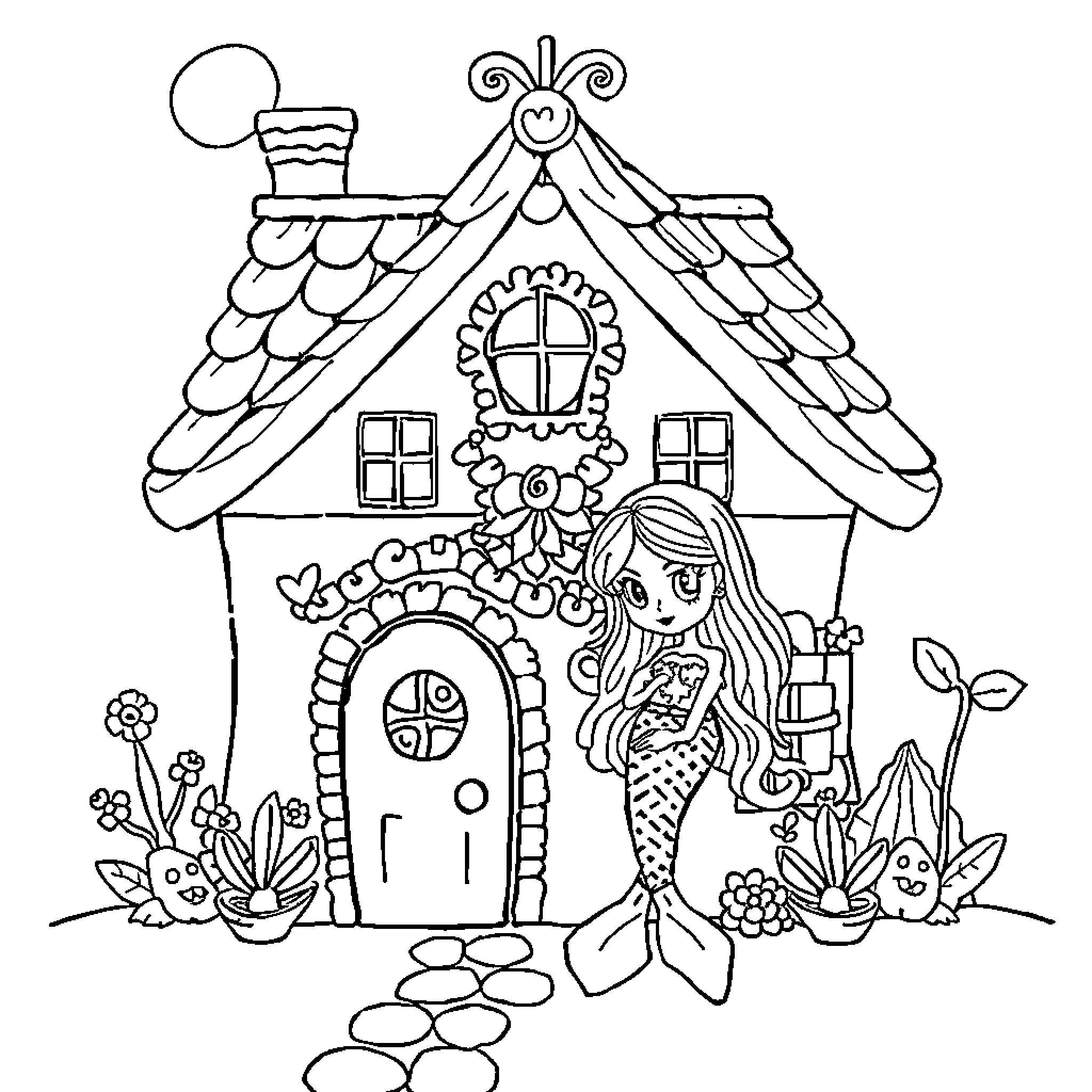 Dollhouse with Whimsical Mermaid and Decor Coloring Page (free black-and-white line drawing printable PDF for all, from beginners to advanced learners, including children, teens, adults, and seniors)