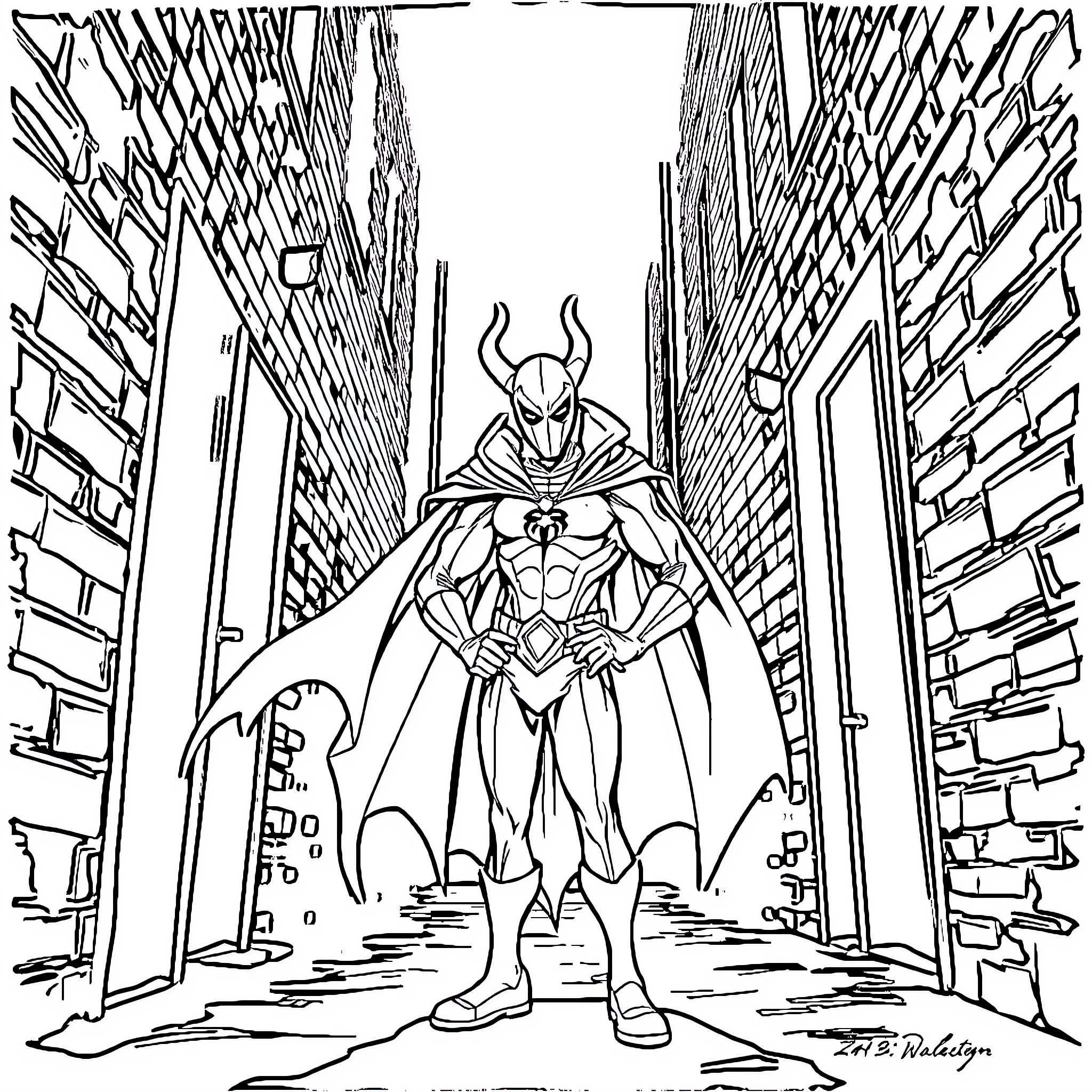 Spawn: Heroic Figure Stands Tall in Dark City Coloring Page (free black-and-white line drawing printable PDF for all, from beginners to advanced learners, including children, teens, adults, and seniors)