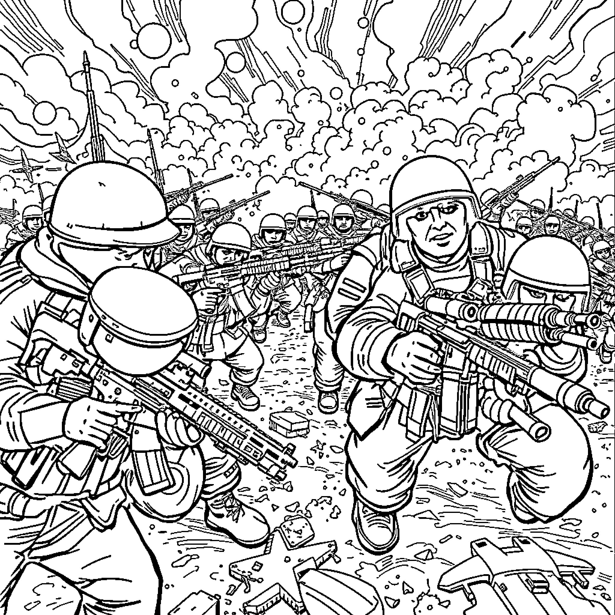 NATO Military Soldiers in Intense Combat Scene Coloring Page (free black-and-white line drawing printable PDF for all, from beginners to advanced learners, including children, teens, adults, and seniors)