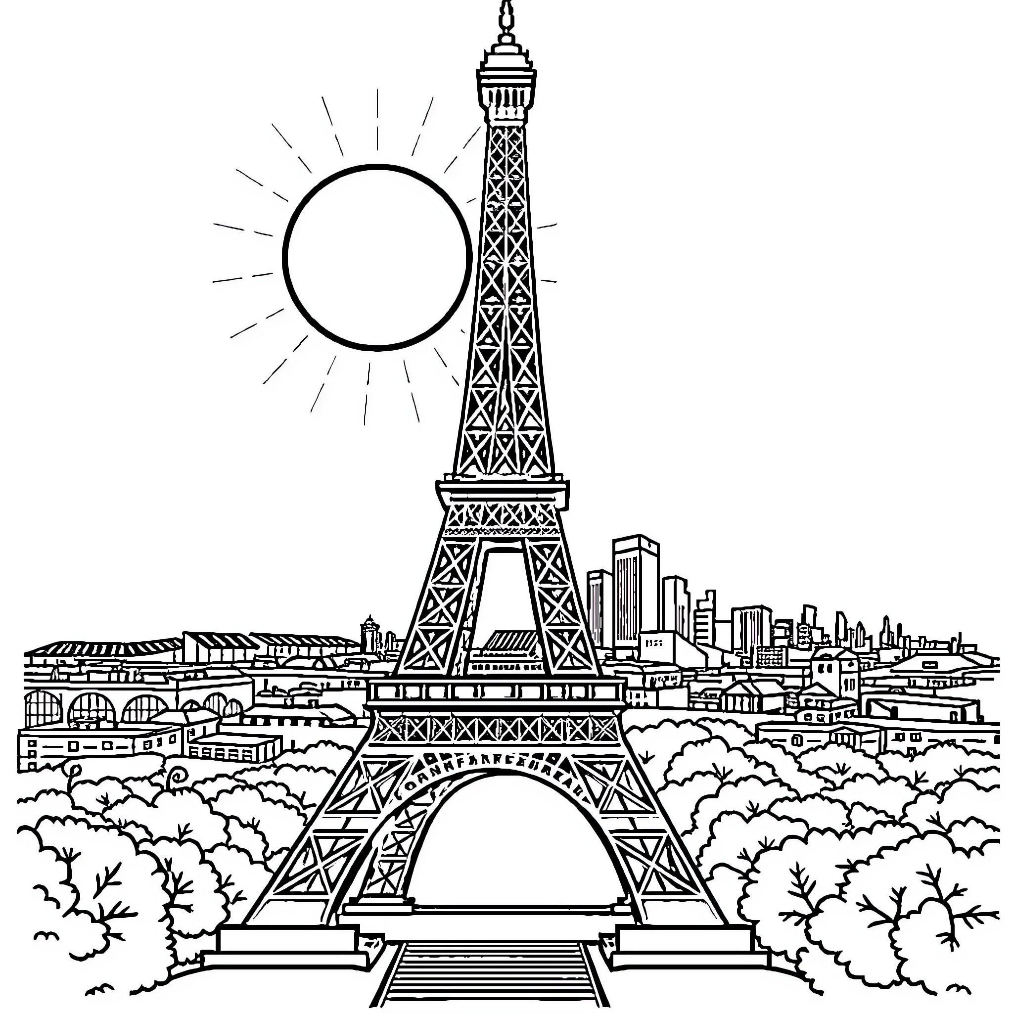 Eiffel Tower under the sun's radiance Coloring Page (free black-and-white line drawing printable PDF for all, from beginners to advanced learners, including children, teens, adults, and seniors)