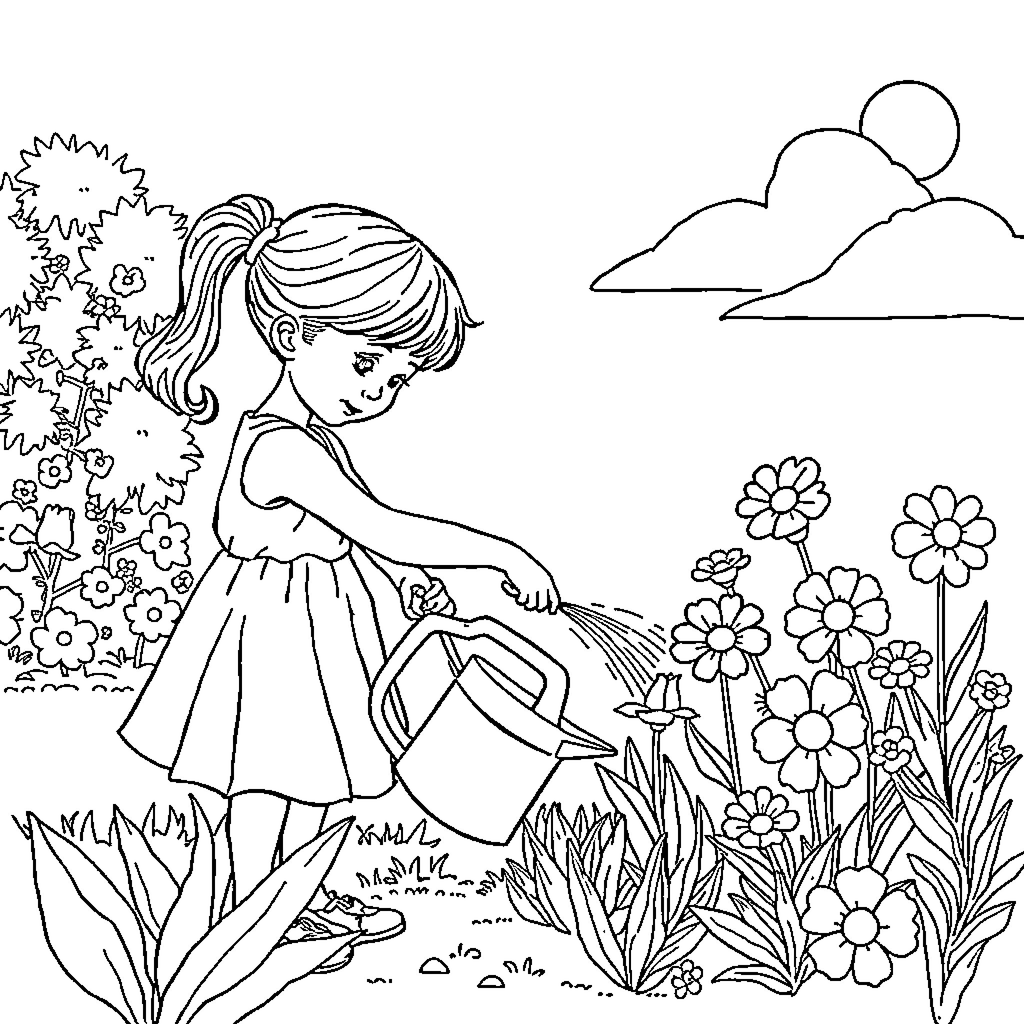 Girl caring for flowers in the garden Coloring Page (free black-and-white line drawing printable PDF for all, from beginners to advanced learners, including children, teens, adults, and seniors)