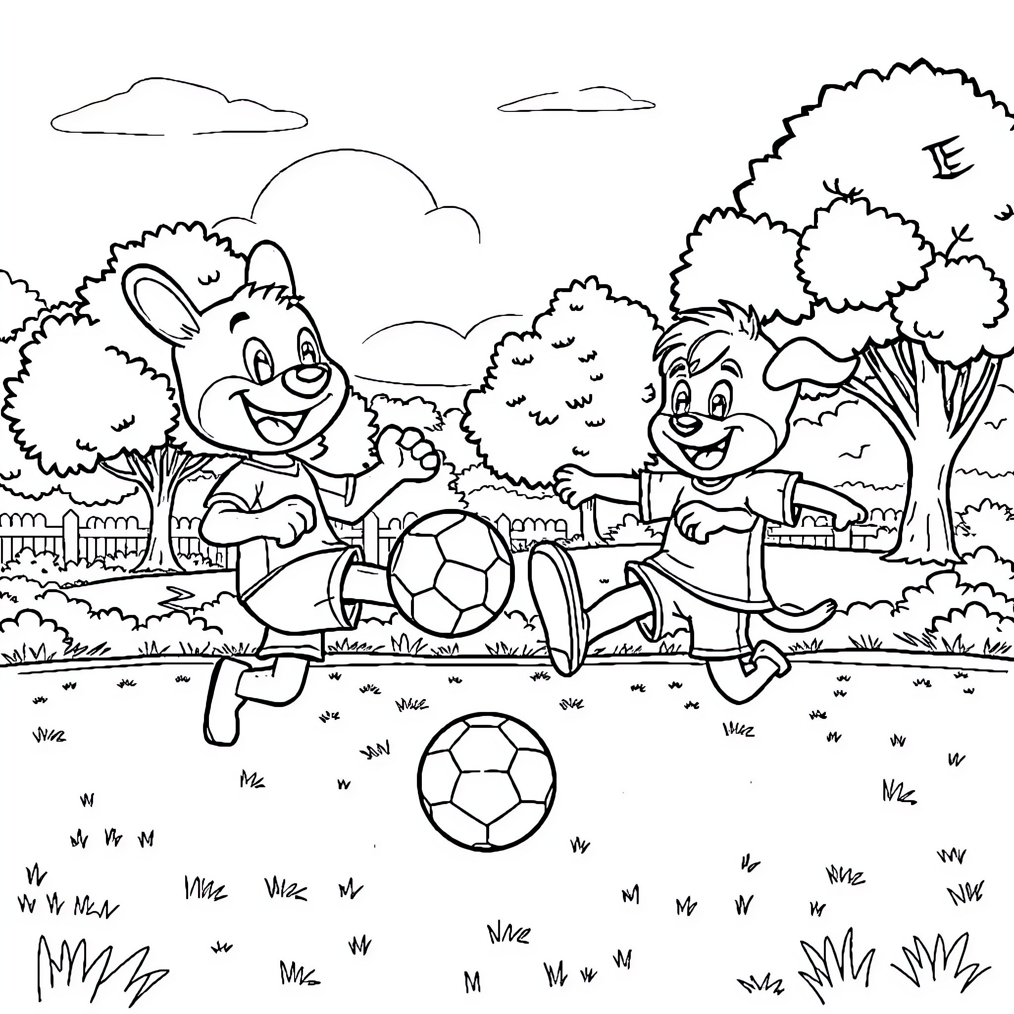 Bluey characters playing soccer in a park Coloring Page (free black-and-white line drawing printable PDF for all, from beginners to advanced learners, including children, teens, adults, and seniors)