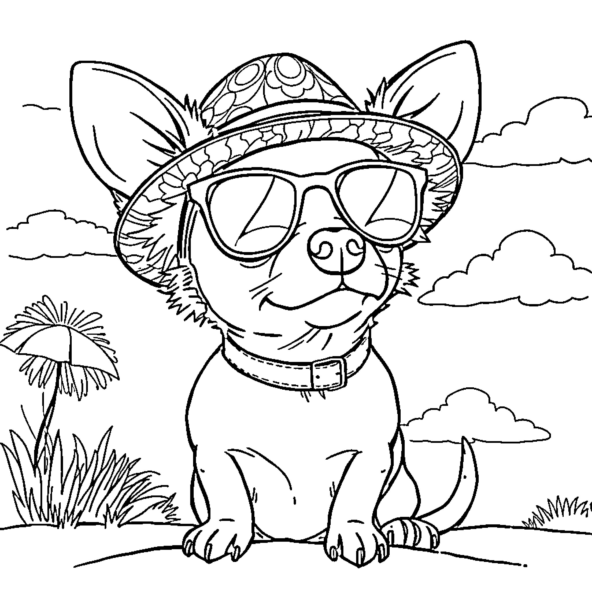 Chihuahua in stylish hat and sunglasses enjoying the outdoors Coloring Page (free black-and-white line drawing printable PDF for all, from beginners to advanced learners, including children, teens, adults, and seniors)