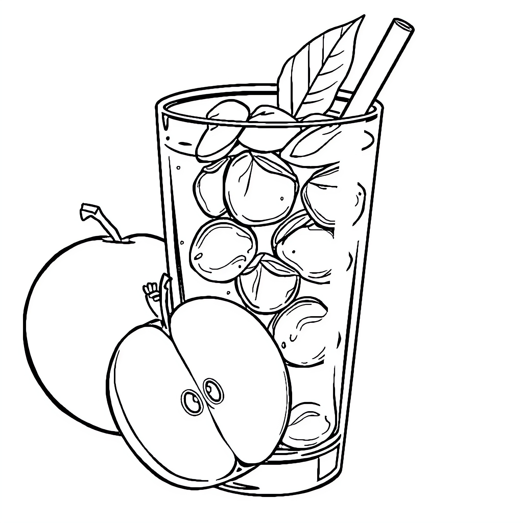 Apple fruit slices in glass with leaf Coloring Page (free black-and-white line drawing printable PDF for all, from beginners to advanced learners, including children, teens, adults, and seniors)
