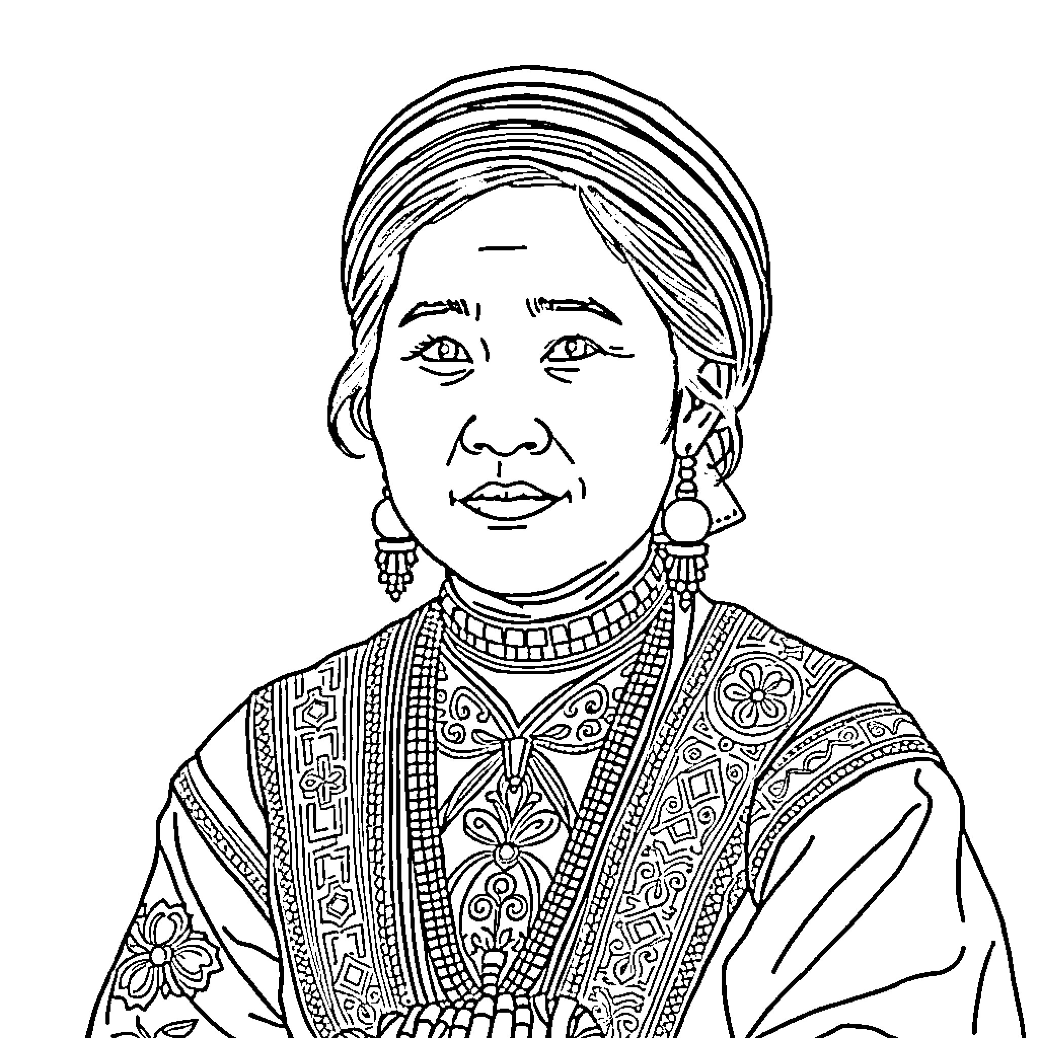 Hmong Woman in Traditional Attire and Accessories Coloring Page (free black-and-white line drawing printable PDF for all, from beginners to advanced learners, including children, teens, adults, and seniors)