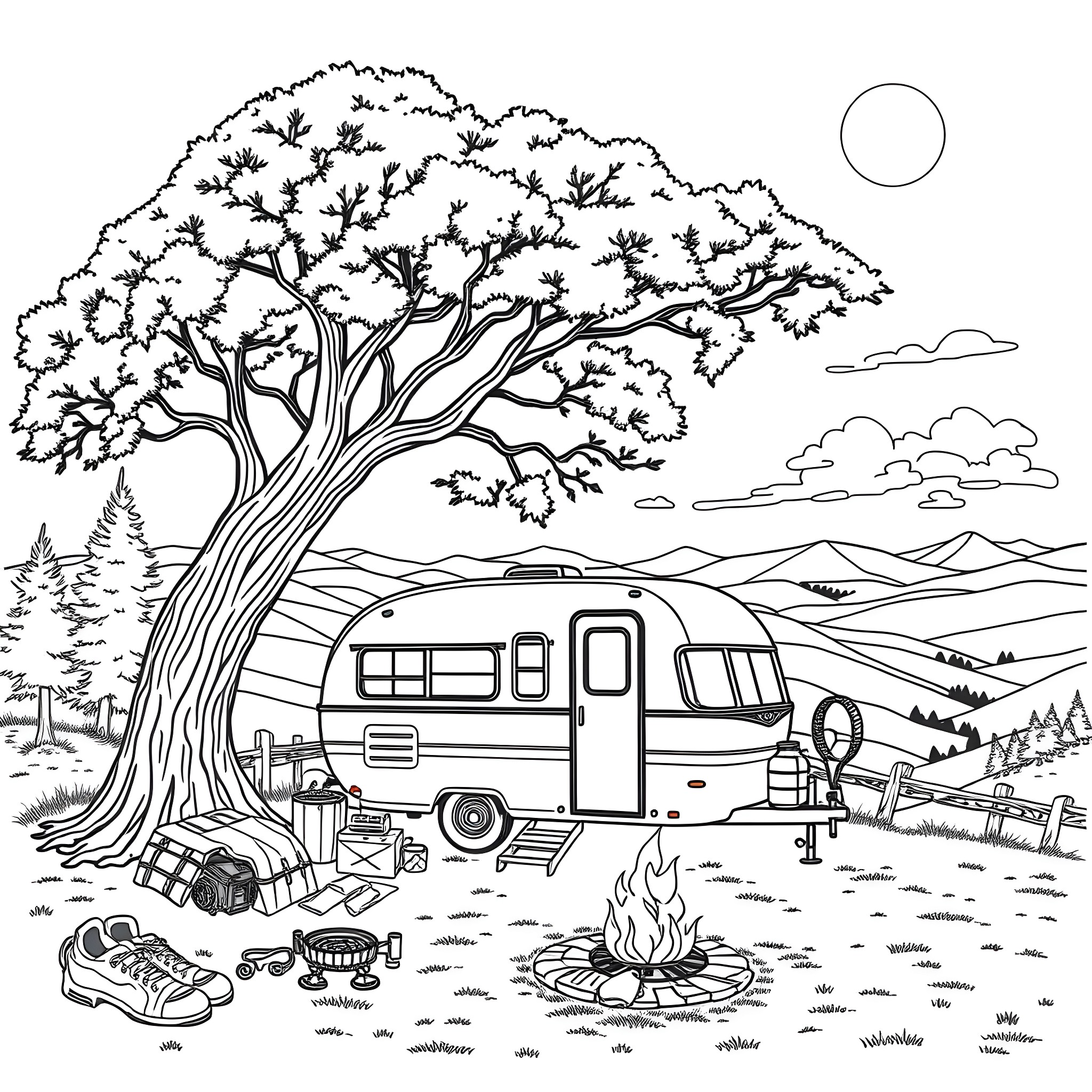 Trailer for camping adventure in the wilderness Coloring Page (free black-and-white line drawing printable PDF for all, from beginners to advanced learners, including children, teens, adults, and seniors)