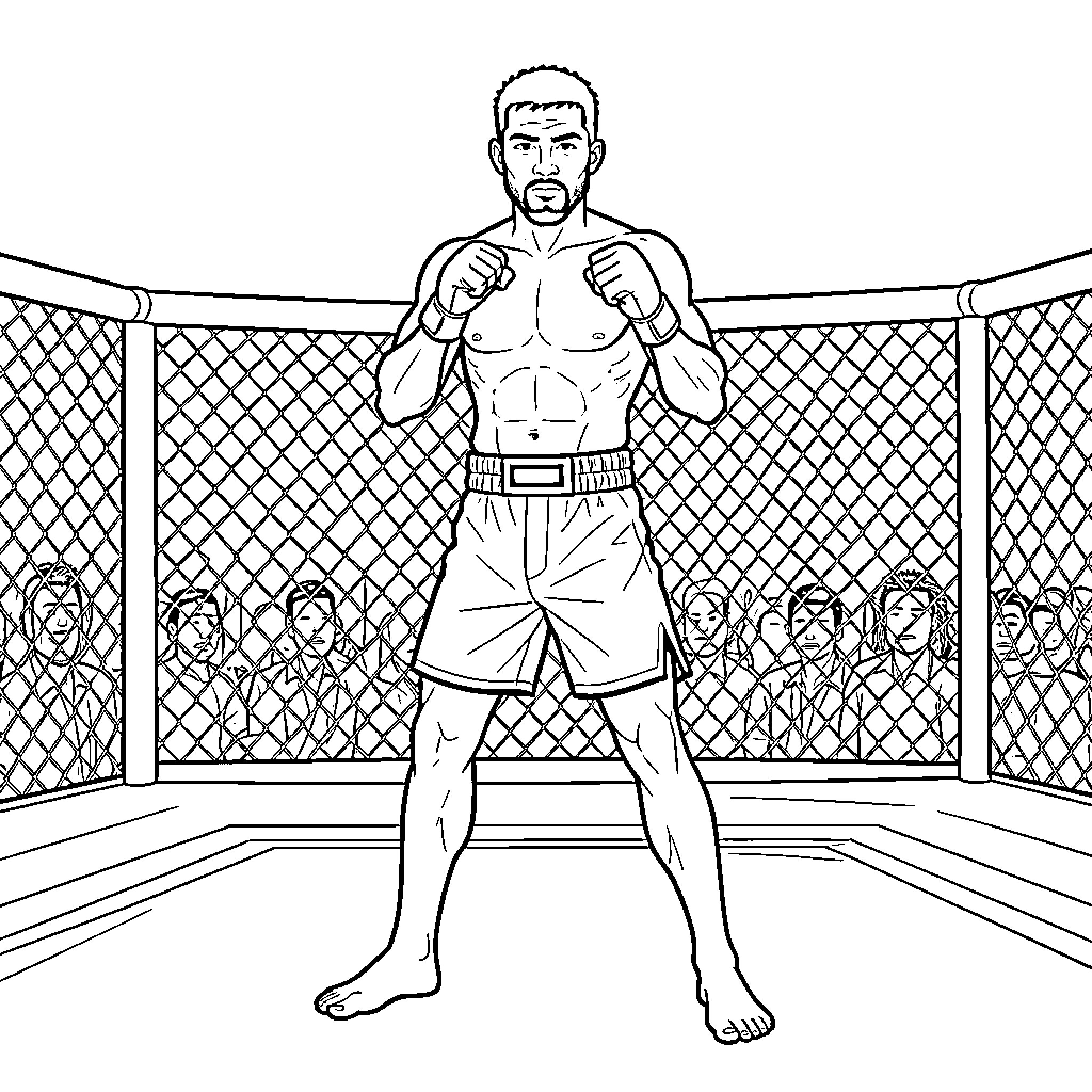 Max Holloway standing in a fighting stance inside an octagon Coloring Page (free black-and-white line drawing printable PDF for all, from beginners to advanced learners, including children, teens, adults, and seniors)