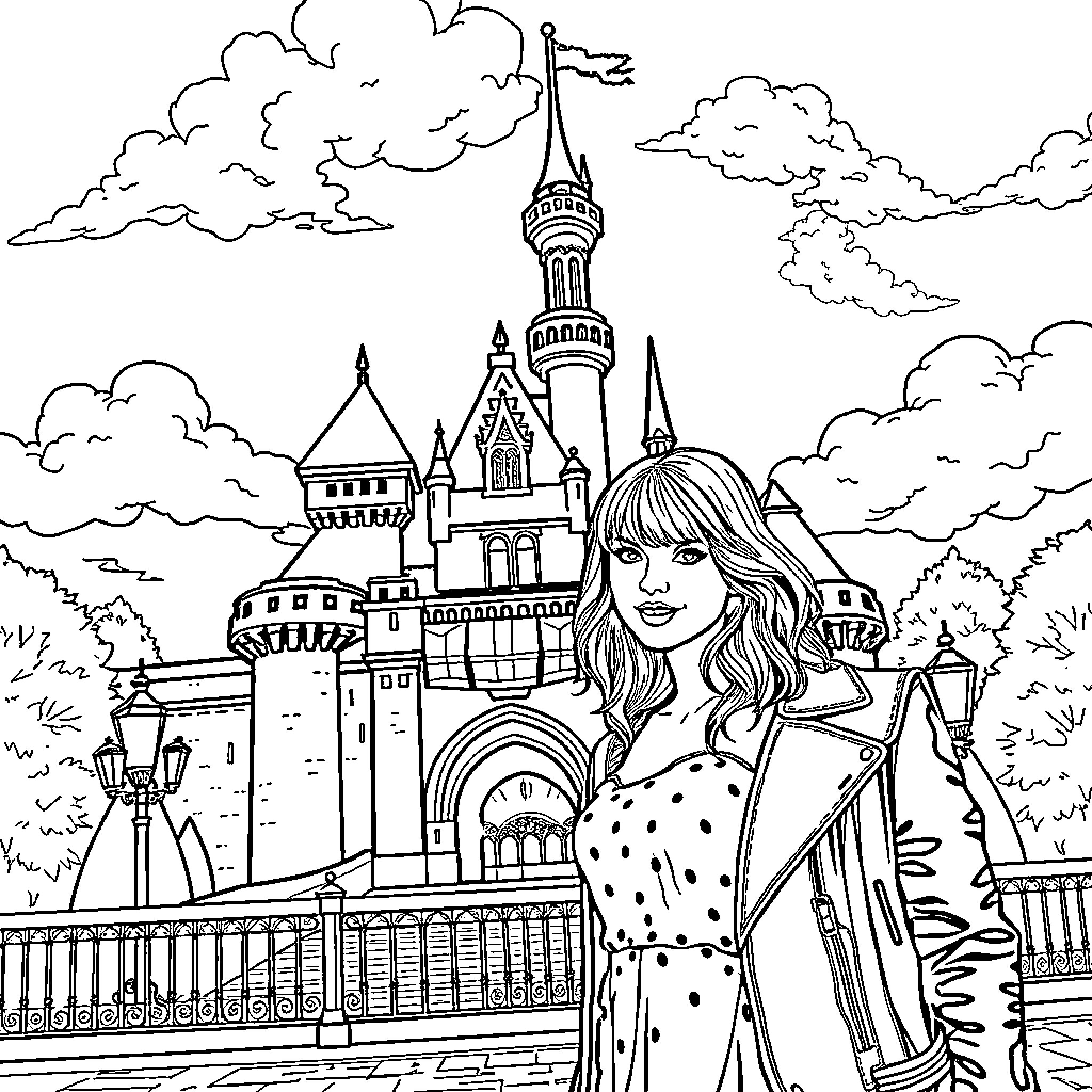 Taylor Swift's Enchanting Castle Adventure Coloring Page (free black-and-white line drawing printable PDF for all, from beginners to advanced learners, including children, teens, adults, and seniors)