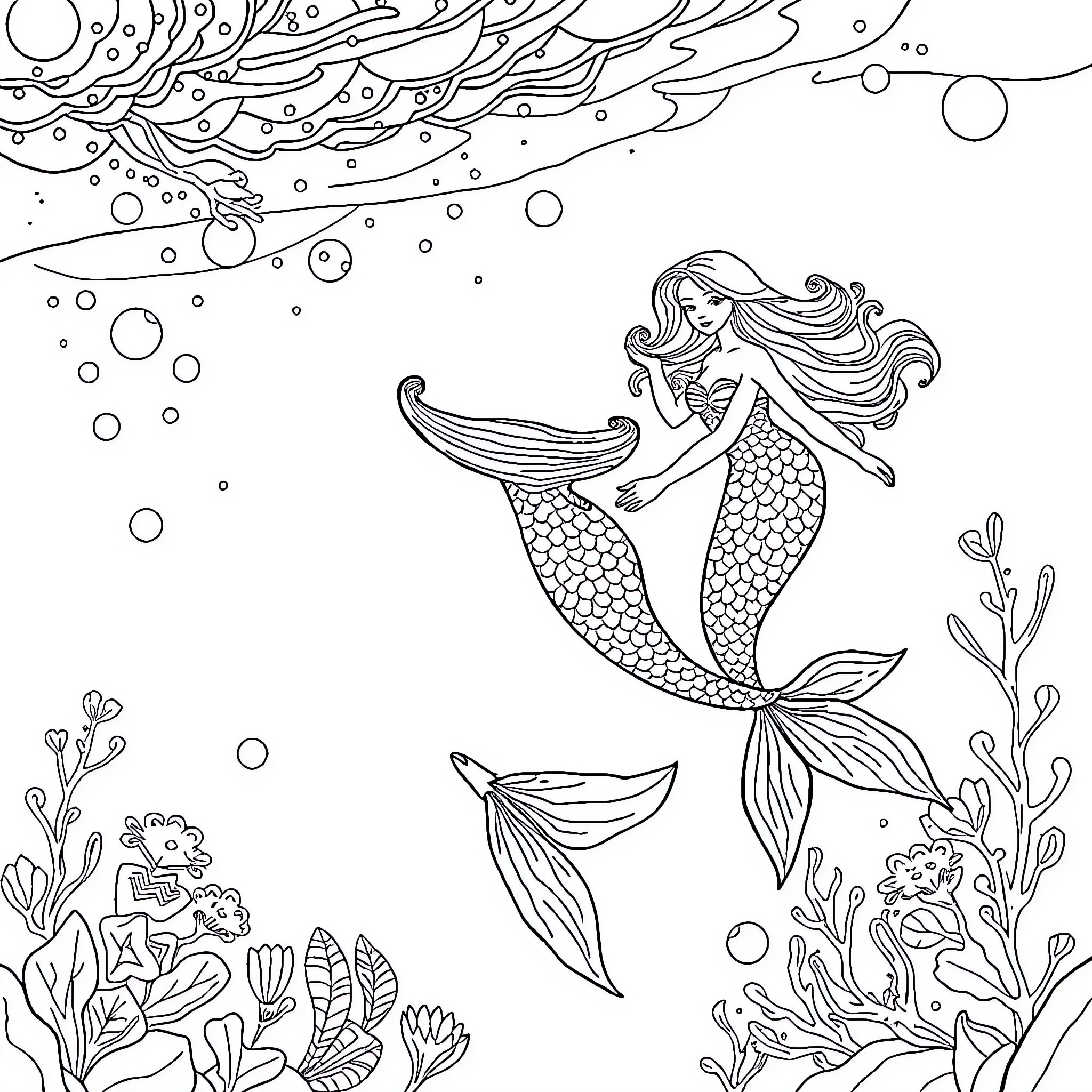 Mermaid exploring the underwater world Coloring Page (free black-and-white line drawing printable PDF for all, from beginners to advanced learners, including children, teens, adults, and seniors)