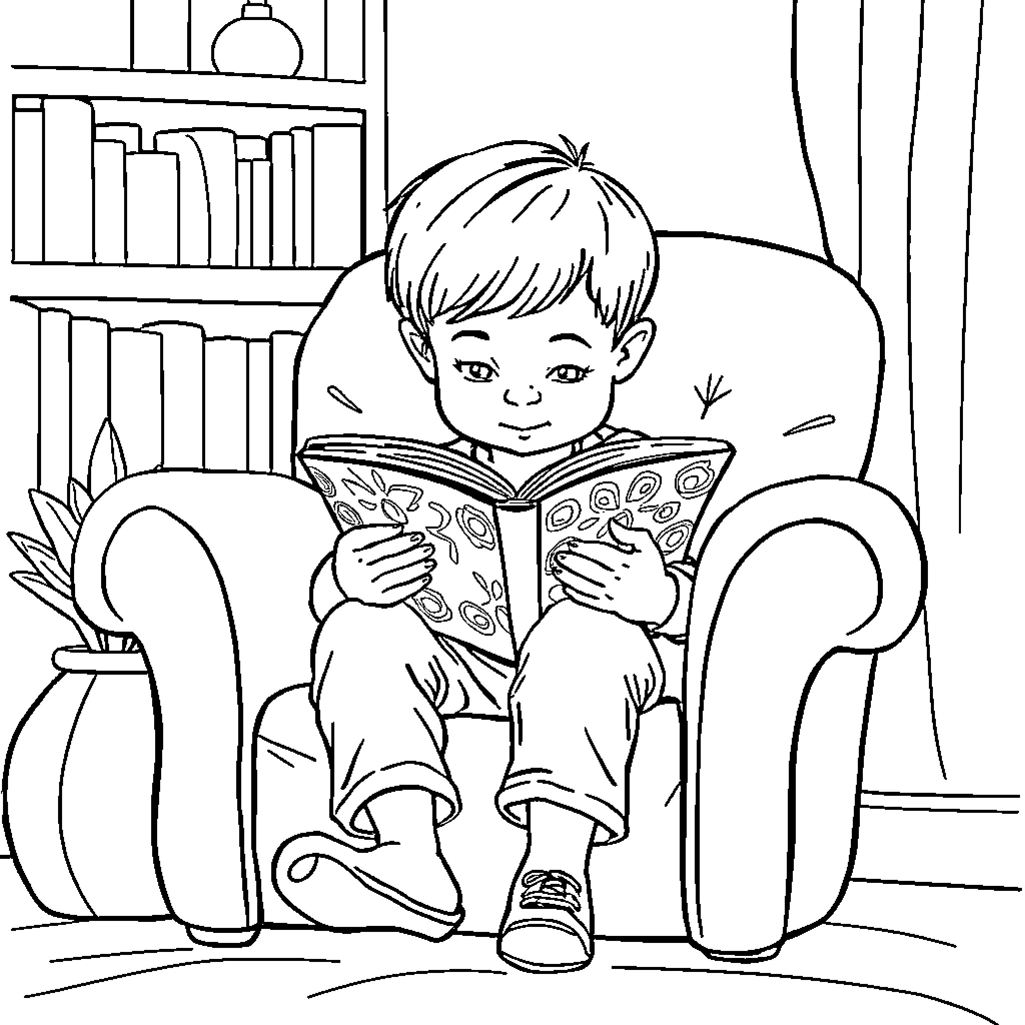 Kid reading a book in an armchair Coloring Page (free black-and-white line drawing printable PDF for all, from beginners to advanced learners, including children, teens, adults, and seniors)