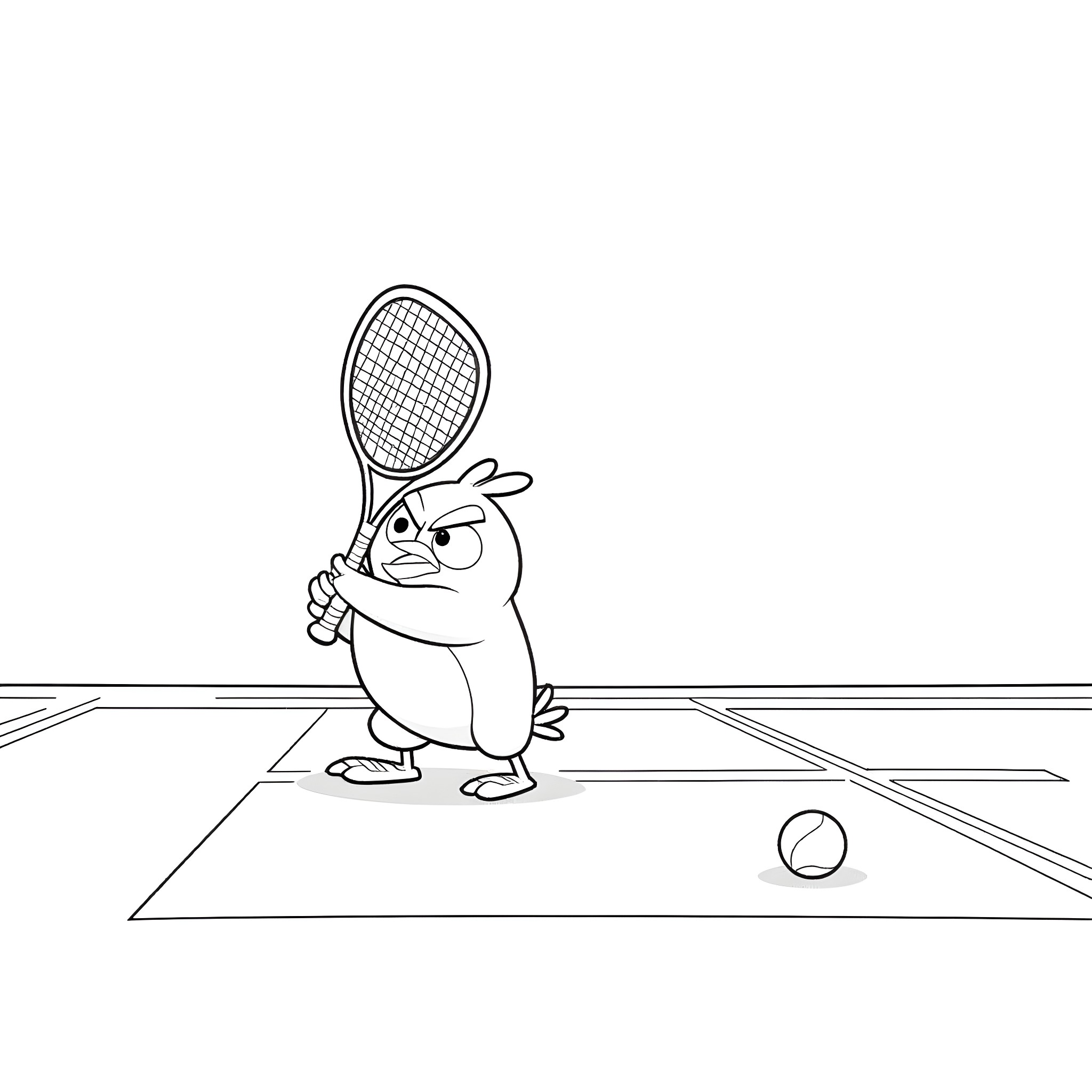 Angry Bird playing tennis on the court Coloring Page (free black-and-white line drawing printable PDF for all, from beginners to advanced learners, including children, teens, adults, and seniors)