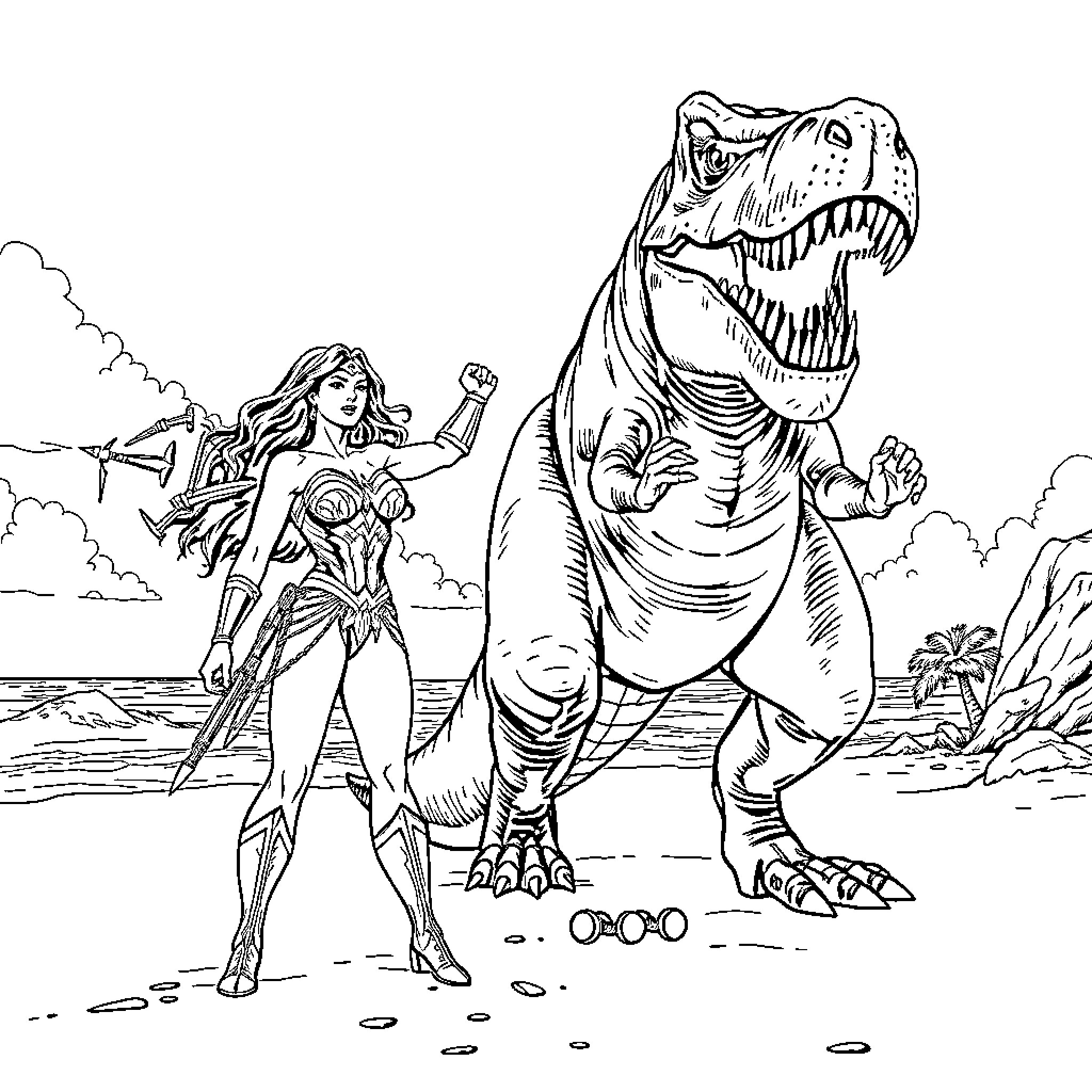 Wonder Woman battles a fearsome dinosaur Coloring Page (free black-and-white line drawing printable PDF for all, from beginners to advanced learners, including children, teens, adults, and seniors)