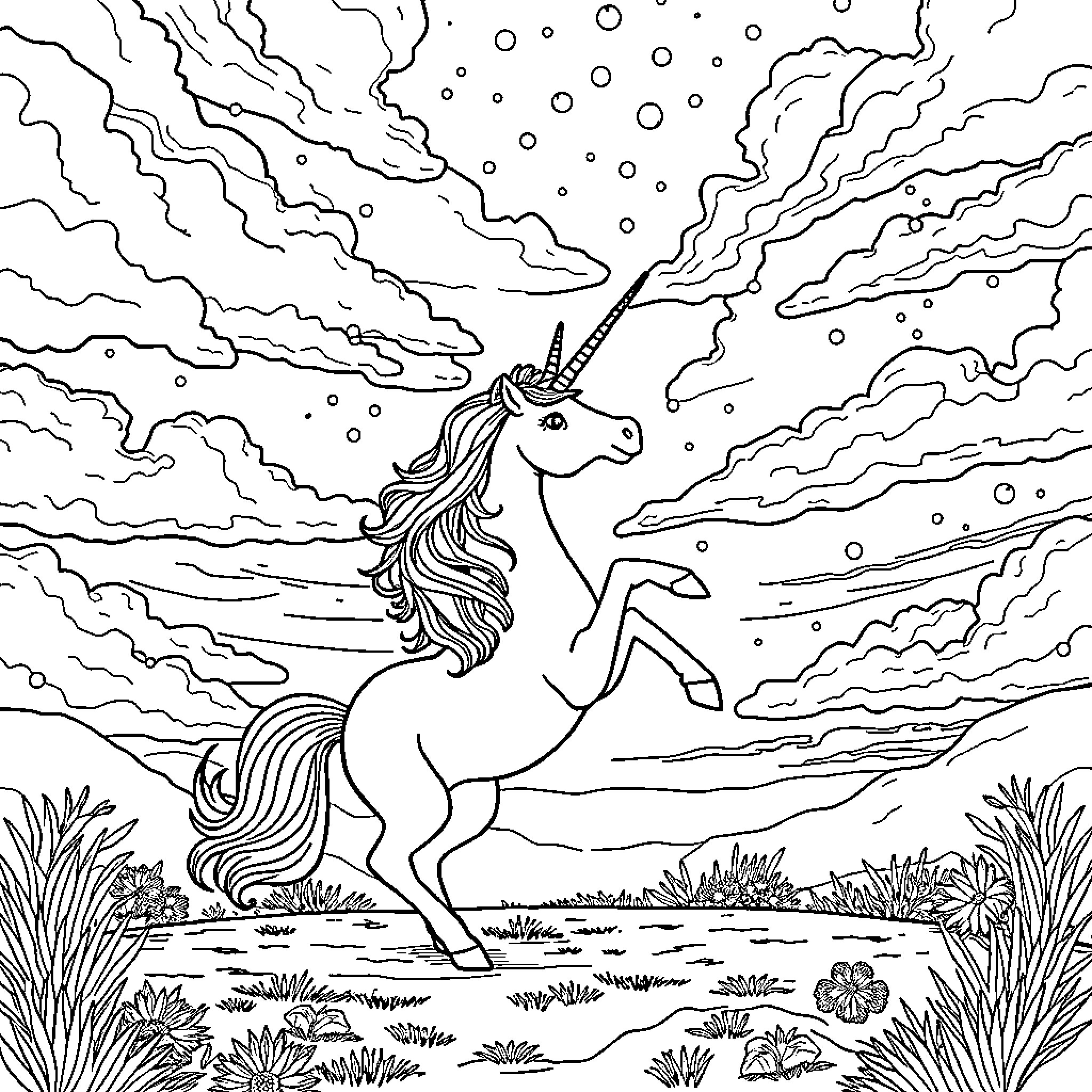 Unicorn galloping through a mystical landscape Coloring Page (free black-and-white line drawing printable PDF for all, from beginners to advanced learners, including children, teens, adults, and seniors)