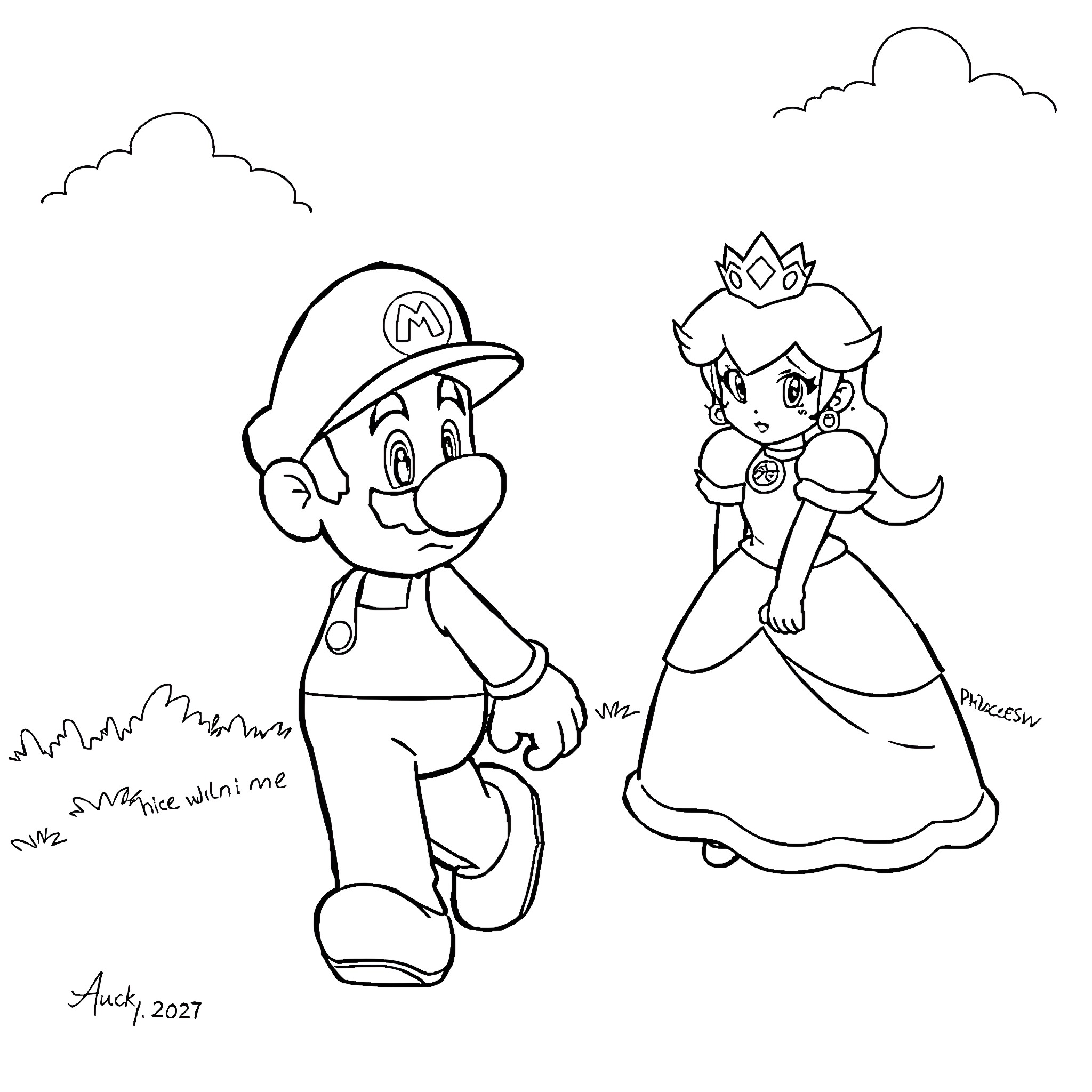 Mario and Princess Embracing with Joy Coloring Page (free black-and-white line drawing printable PDF for all, from beginners to advanced learners, including children, teens, adults, and seniors)