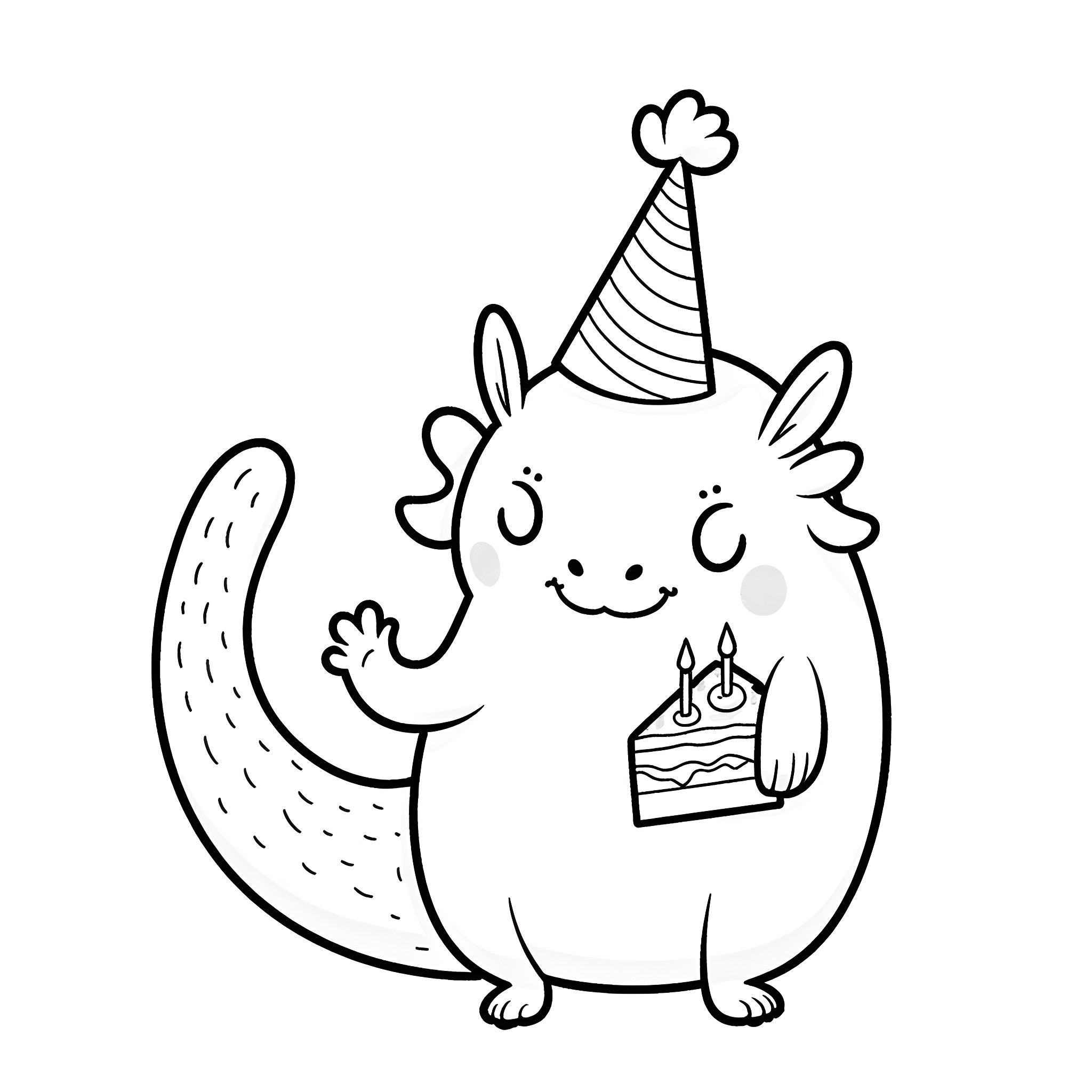 Axolotl celebrating with birthday cake Coloring Page (free black-and-white line drawing printable PDF for all, from beginners to advanced learners, including children, teens, adults, and seniors)
