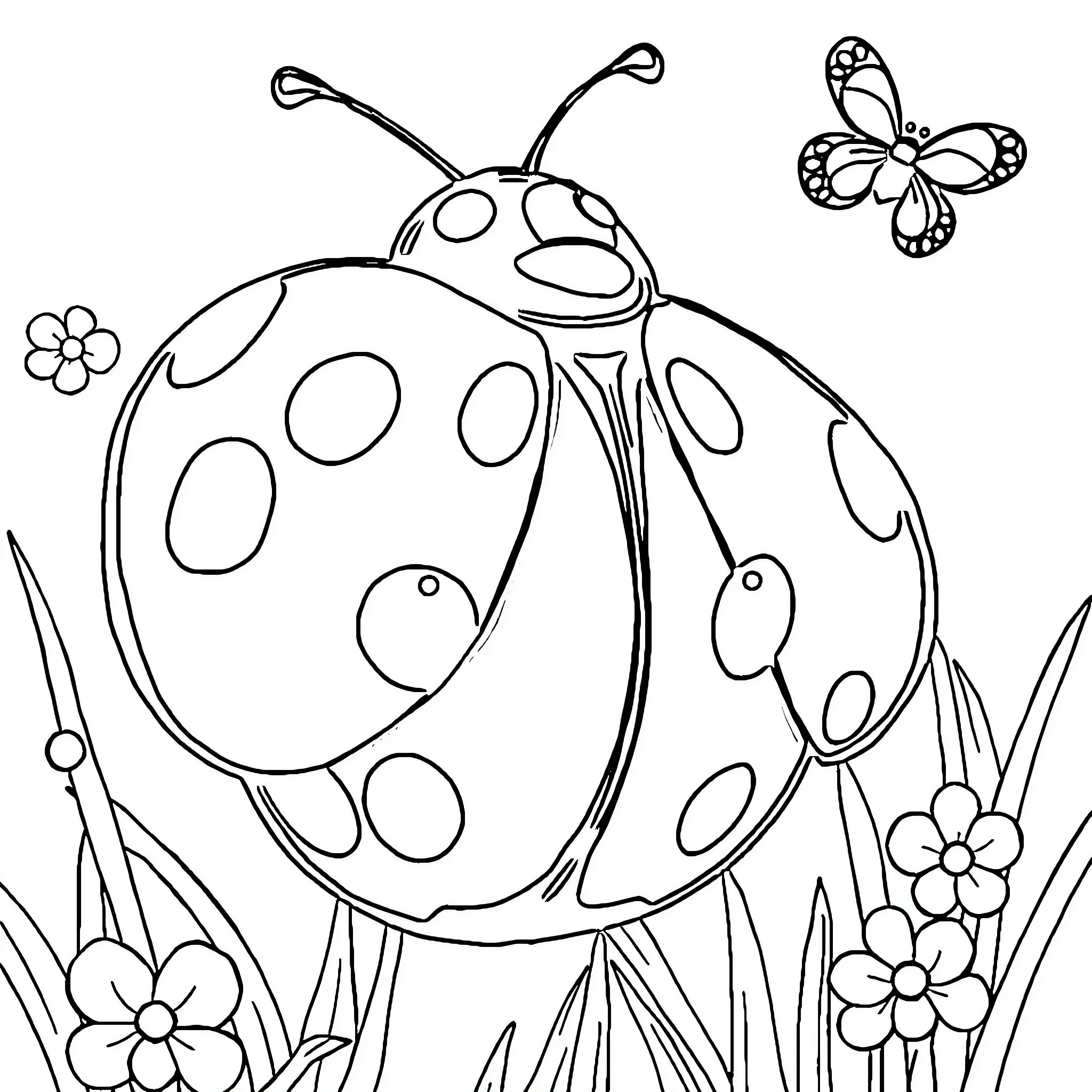 Ladybug exploring the garden with butterflies Coloring Page (free black-and-white line drawing printable PDF for all, from beginners to advanced learners, including children, teens, adults, and seniors)