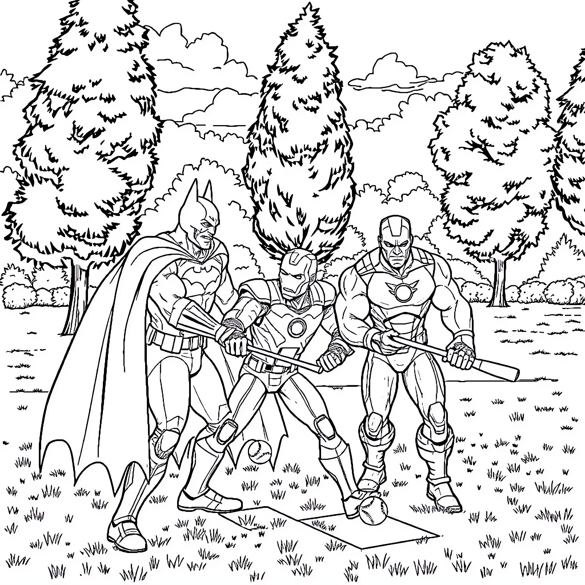 Superhero team in action in the forest Coloring Page (free black-and-white line drawing printable PDF for all, from beginners to advanced learners, including children, teens, adults, and seniors)