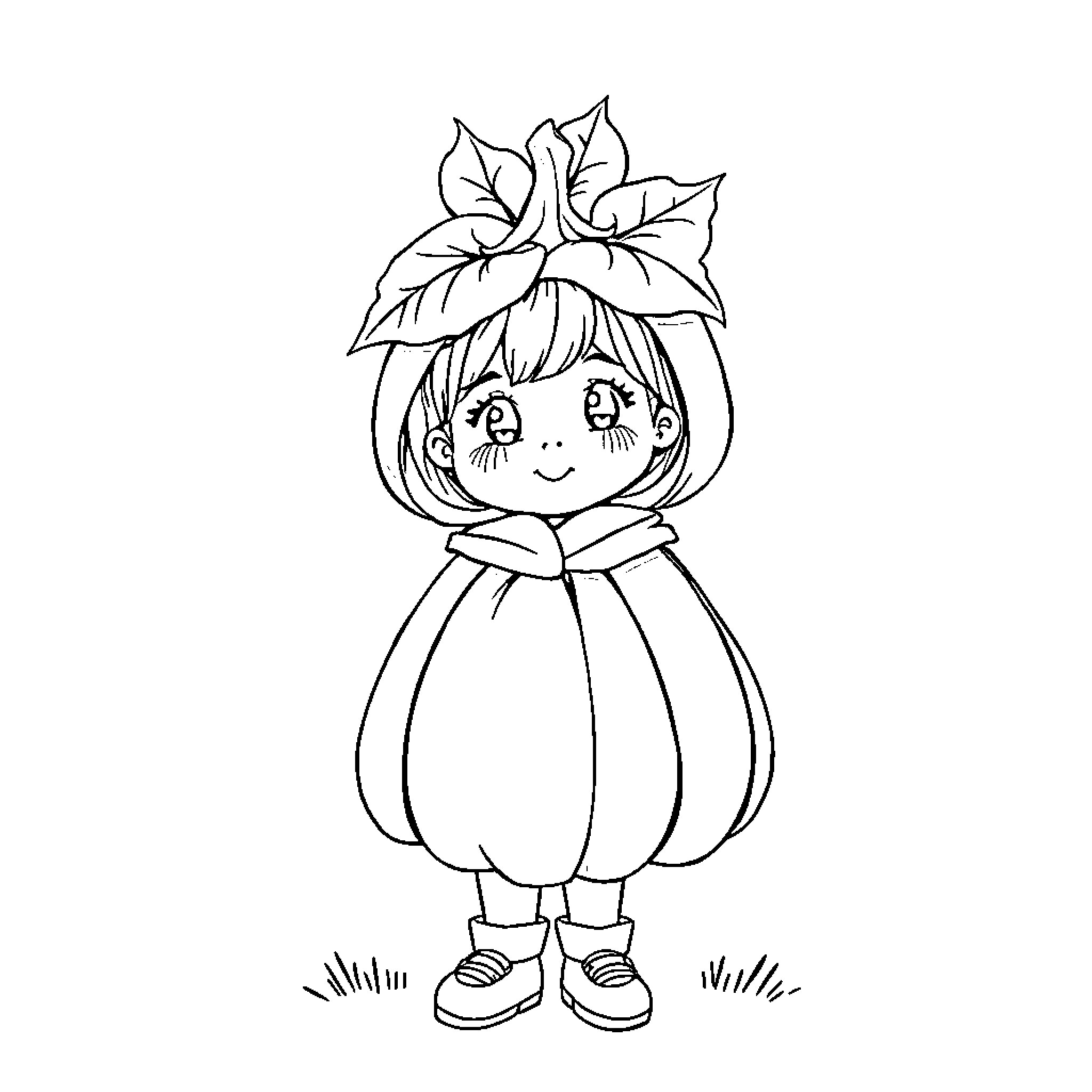 Pumpkin girl in autumn outfit Coloring Page (free black-and-white line drawing printable PDF for all, from beginners to advanced learners, including children, teens, adults, and seniors)