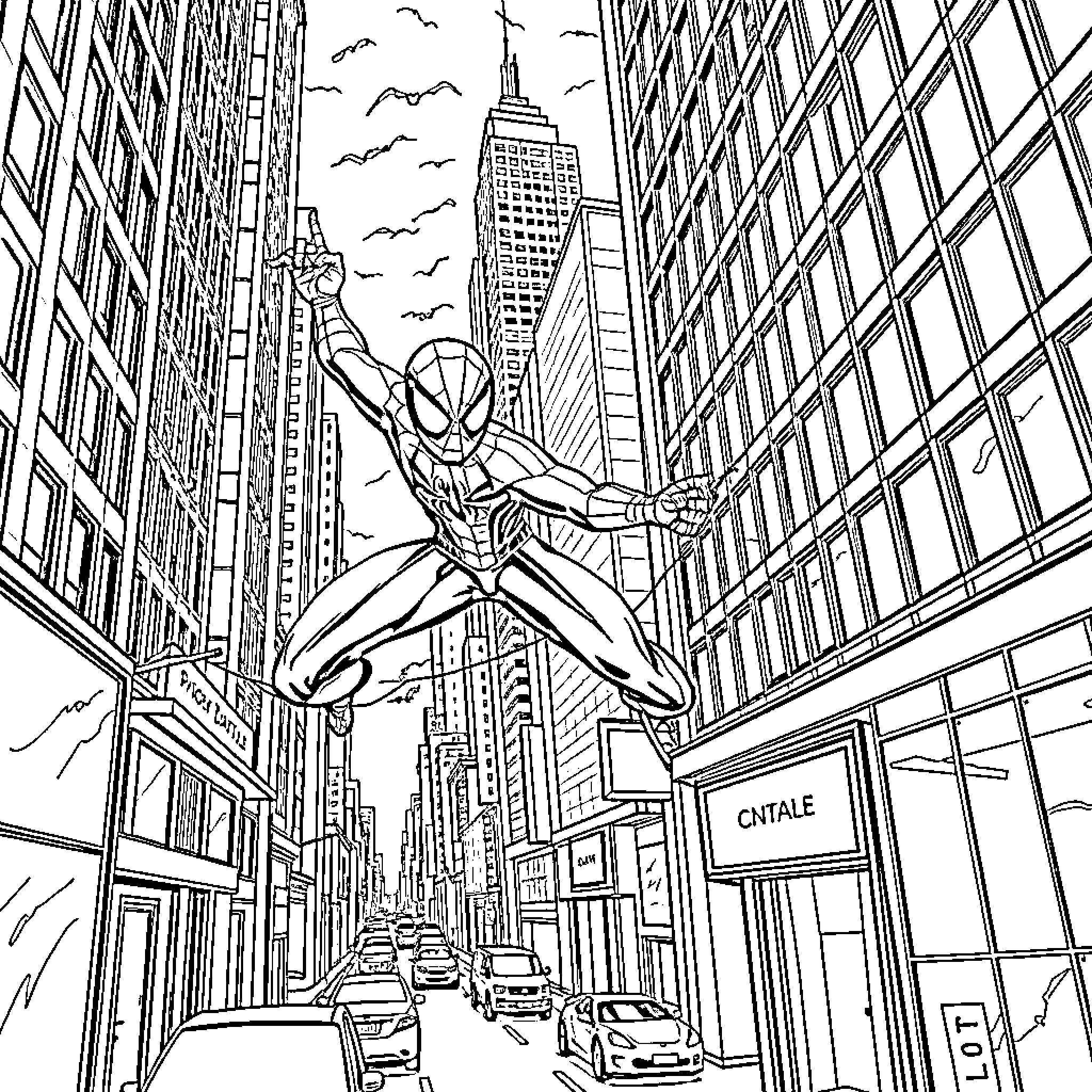 Spiderman swings through the city streets Coloring Page (free black-and-white line drawing printable PDF for all, from beginners to advanced learners, including children, teens, adults, and seniors)
