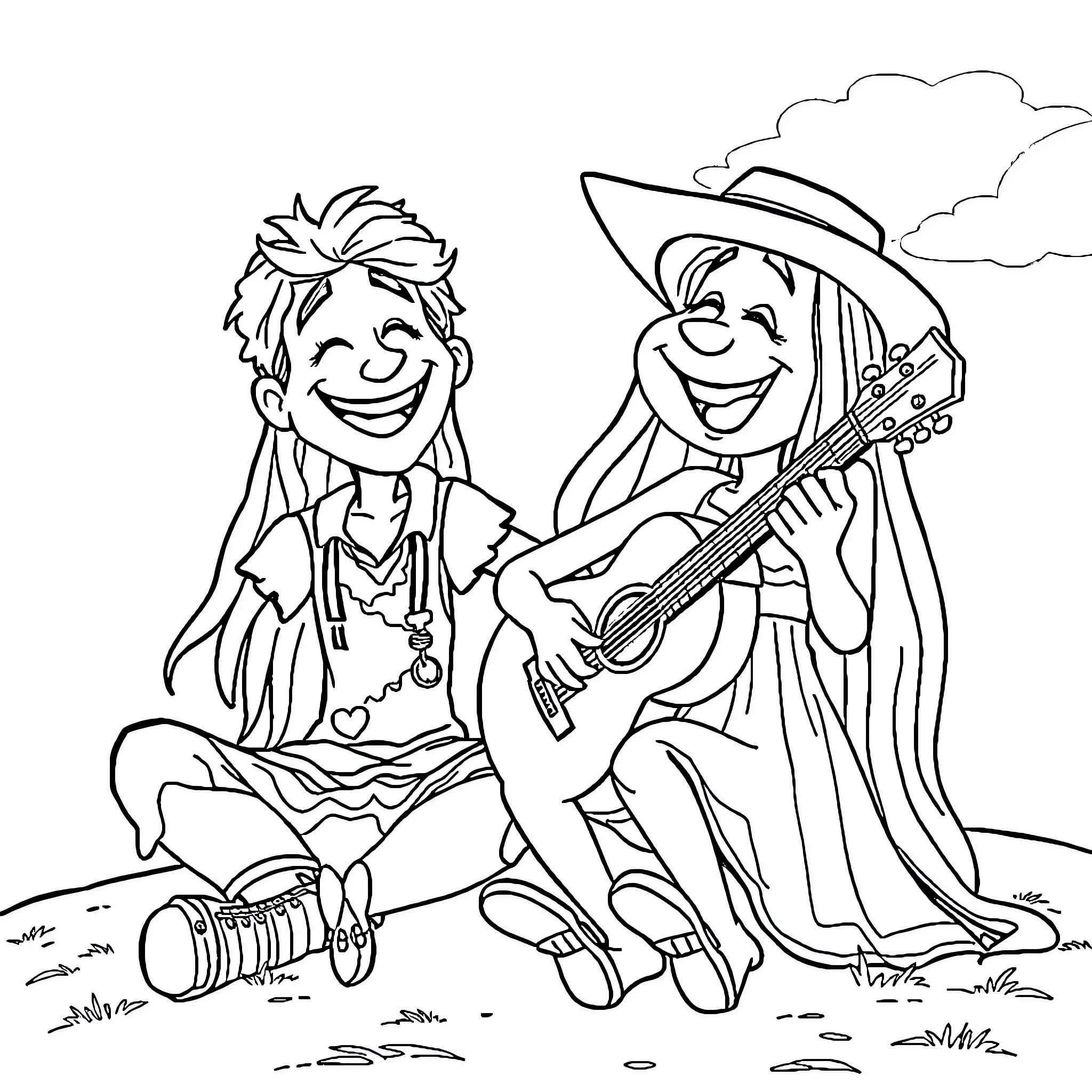 Joe Dirt playing guitar with a friend in the countryside Coloring Page (free black-and-white line drawing printable PDF for all, from beginners to advanced learners, including children, teens, adults, and seniors)