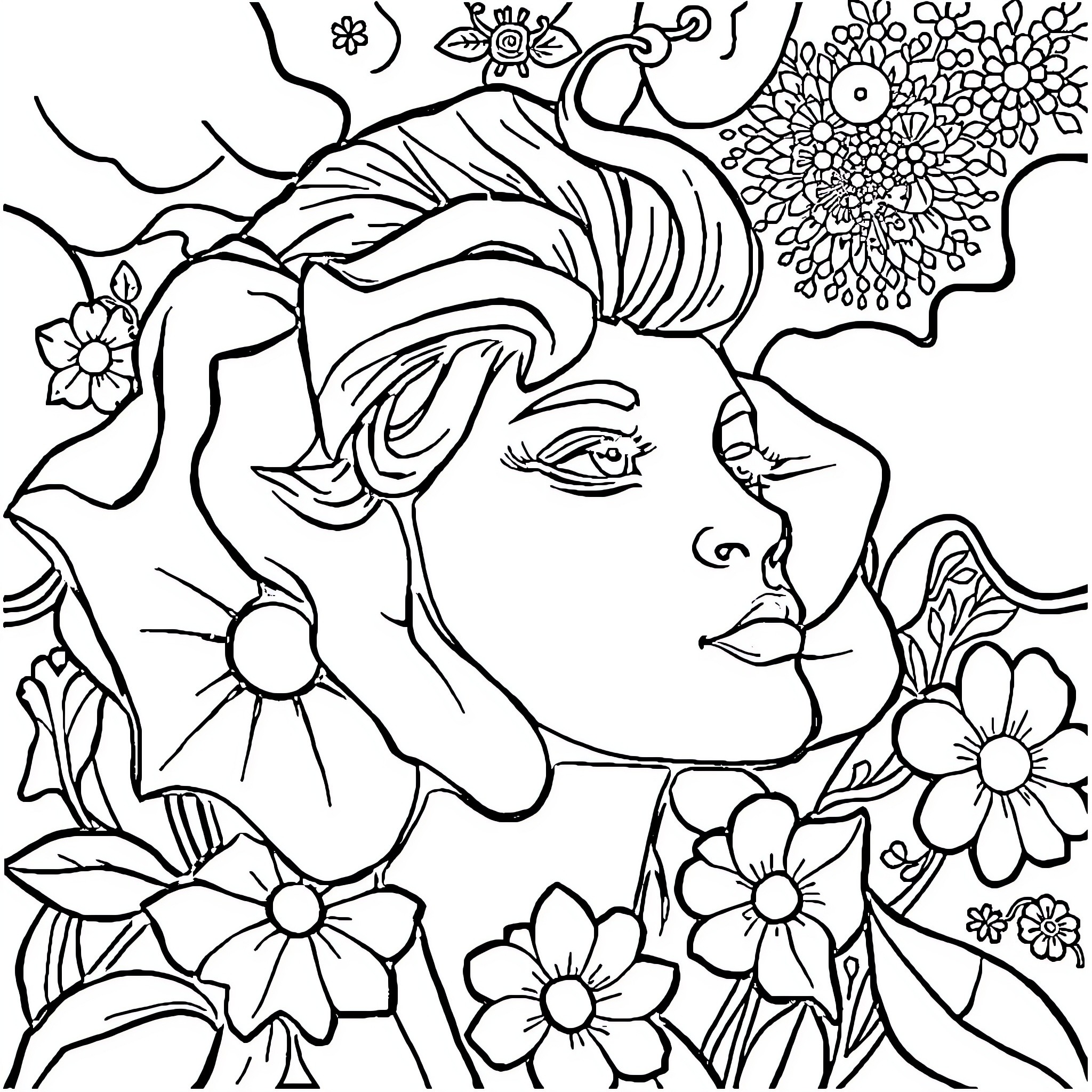 Creation of a Whimsical Floral Portrait Coloring Page (free black-and-white line drawing printable PDF for all, from beginners to advanced learners, including children, teens, adults, and seniors)
