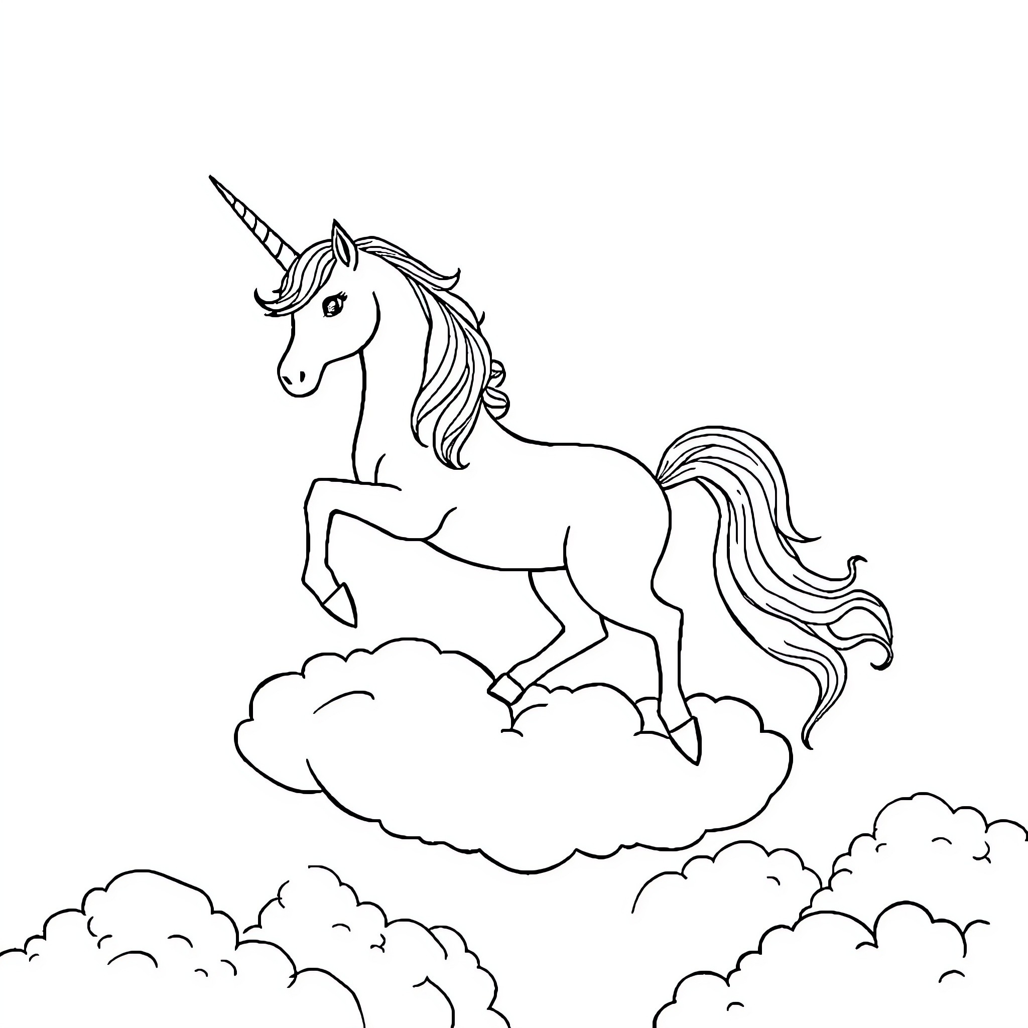 Unicorn prancing through the clouds Coloring Page (free black-and-white line drawing printable PDF for all, from beginners to advanced learners, including children, teens, adults, and seniors)