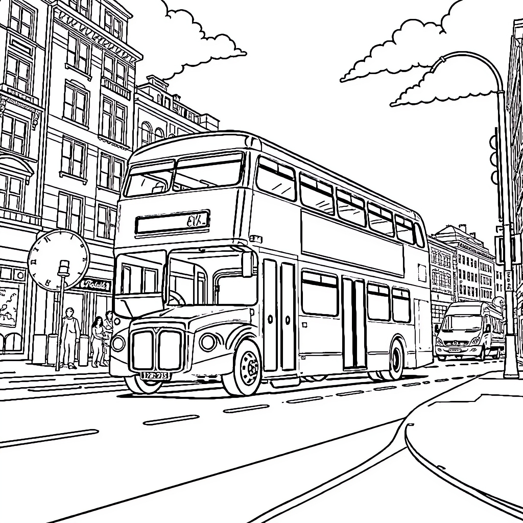 Bus in a bustling city street scene Coloring Page (free black-and-white line drawing printable PDF for all, from beginners to advanced learners, including children, teens, adults, and seniors)