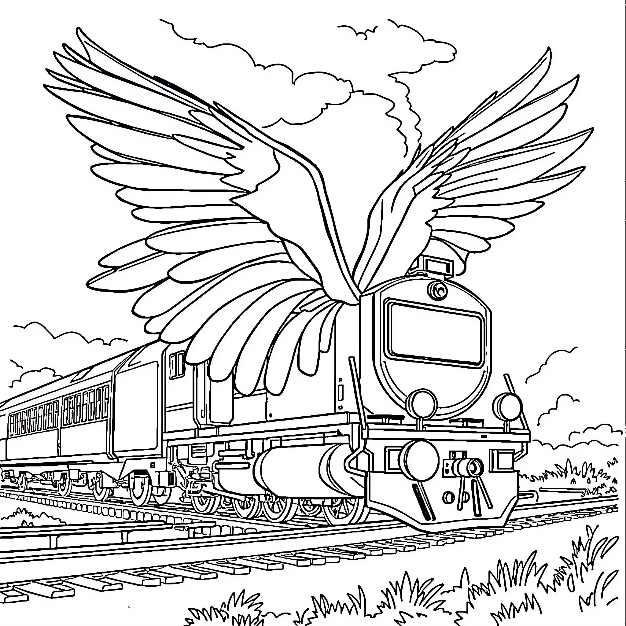 Flying Car Zooming on Train Tracks with Winged Design Coloring Page (free black-and-white line drawing printable PDF for all, from beginners to advanced learners, including children, teens, adults, and seniors)