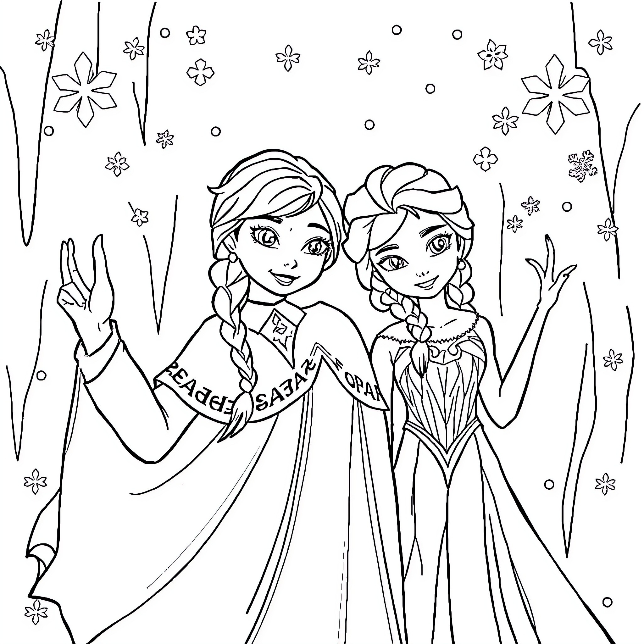 Frozen Characters Posing Happily in Winter Wonderland Coloring Page (free black-and-white line drawing printable PDF for all, from beginners to advanced learners, including children, teens, adults, and seniors)