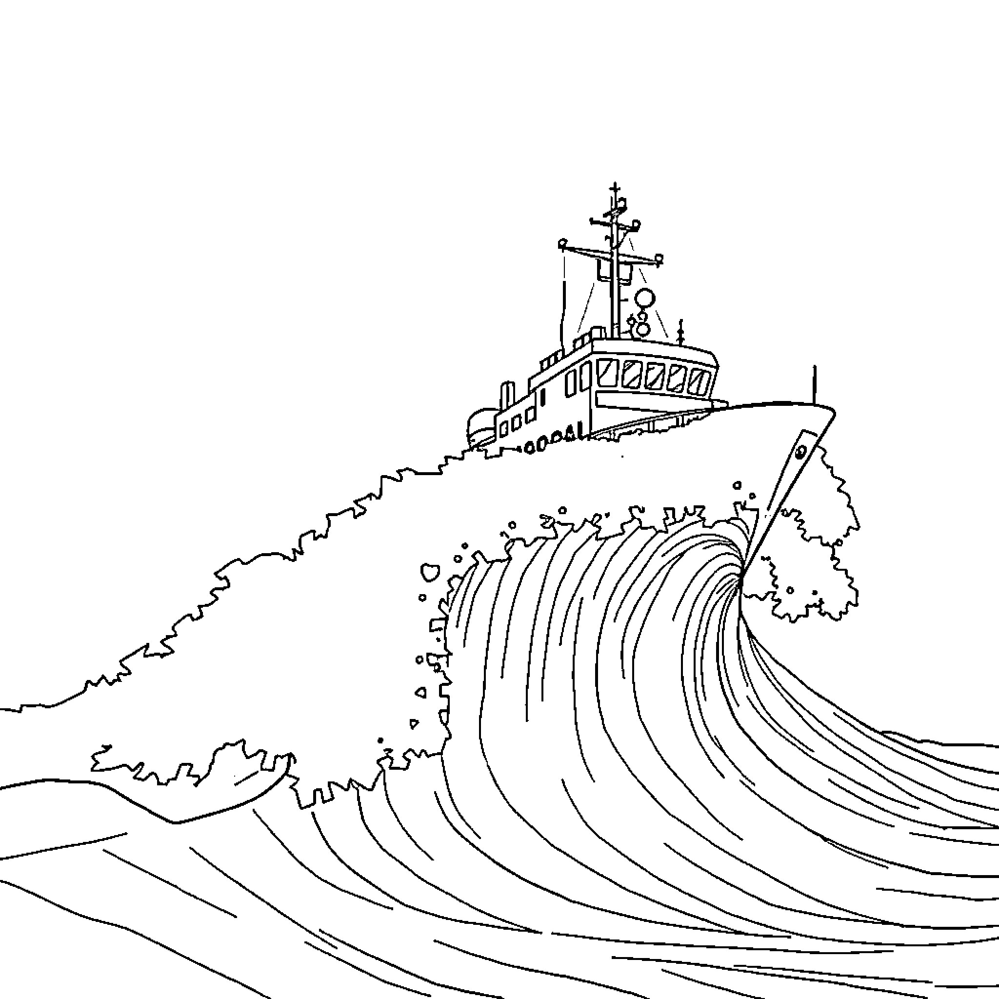 Ship navigating through a turbulent wave Coloring Page (free black-and-white line drawing printable PDF for all, from beginners to advanced learners, including children, teens, adults, and seniors)