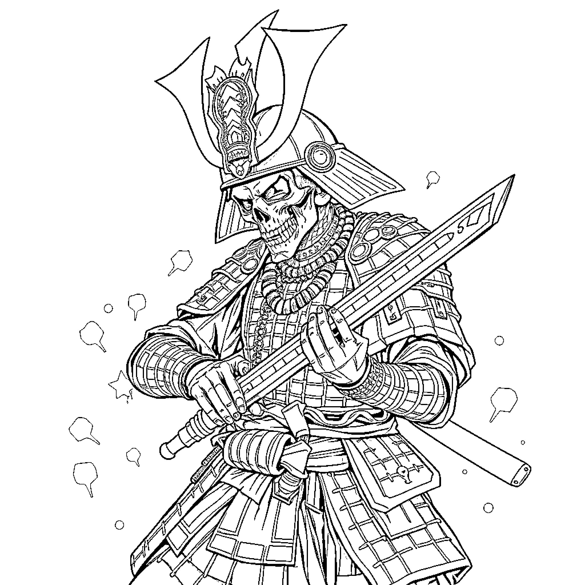 Skull Samurai warrior wielding katana sword in battle Coloring Page (free black-and-white line drawing printable PDF for all, from beginners to advanced learners, including children, teens, adults, and seniors)