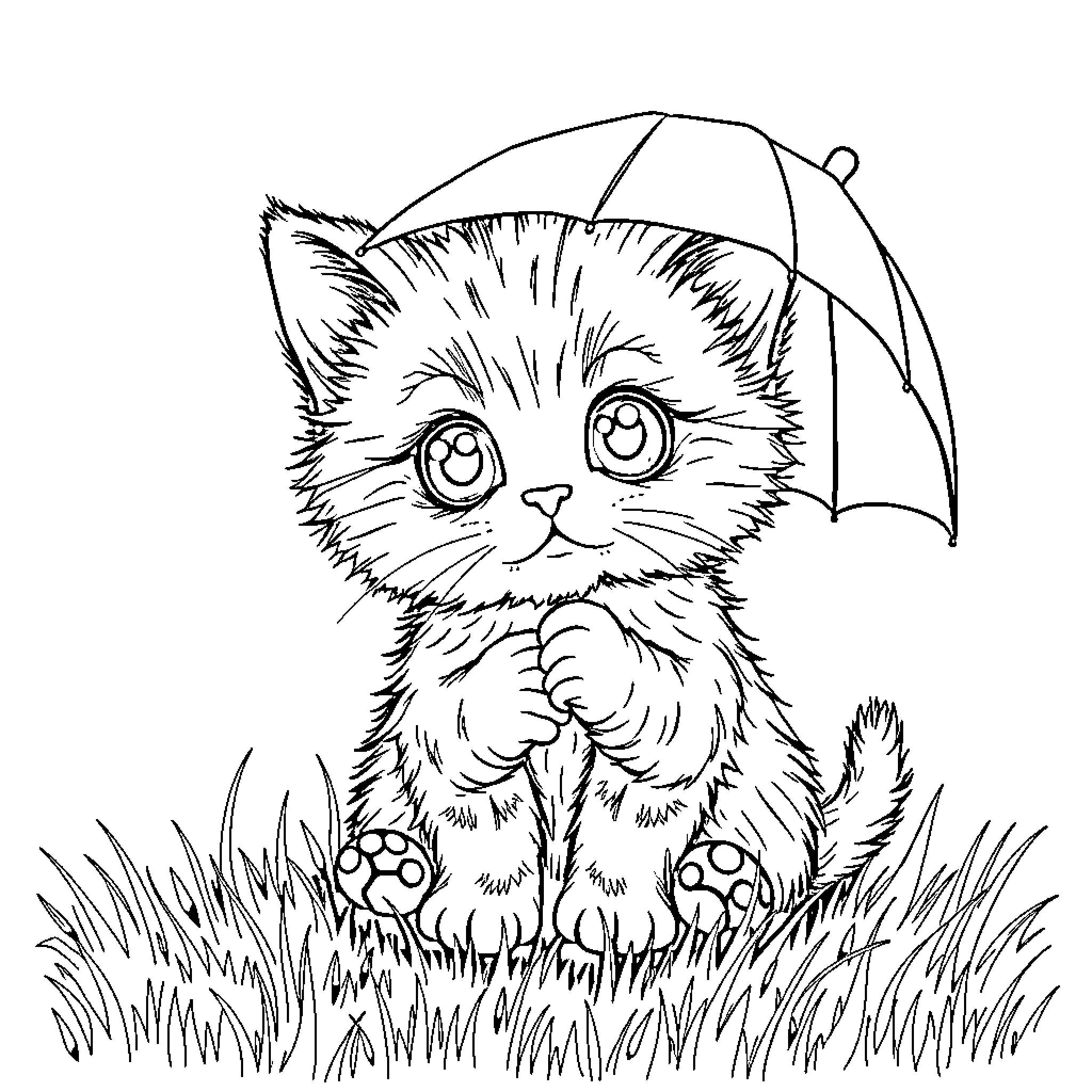 Cat sitting under an umbrella in a field Coloring Page (free black-and-white line drawing printable PDF for all, from beginners to advanced learners, including children, teens, adults, and seniors)