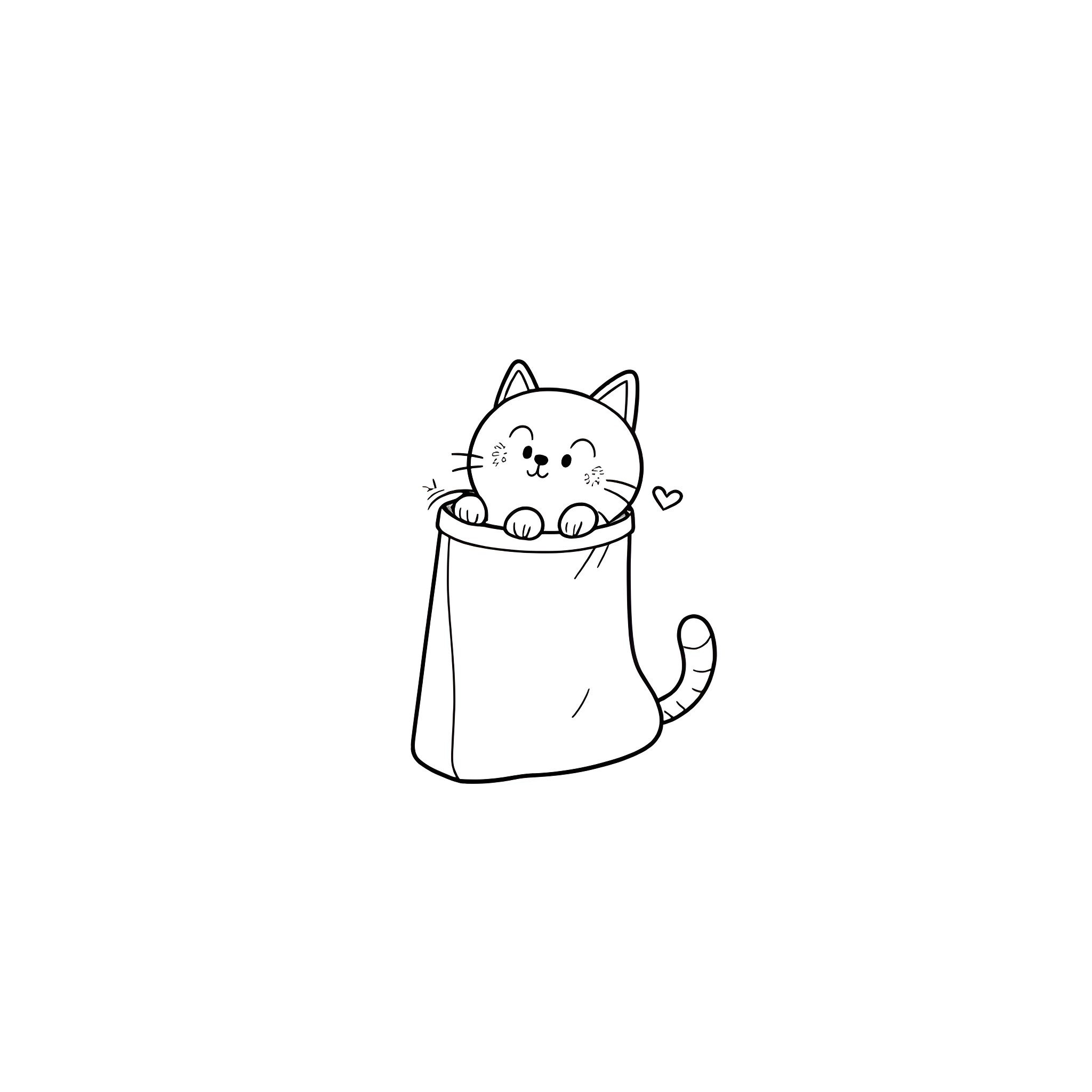 Cat in a bag Coloring Page (free black-and-white line drawing printable PDF for all, from beginners to advanced learners, including children, teens, adults, and seniors)