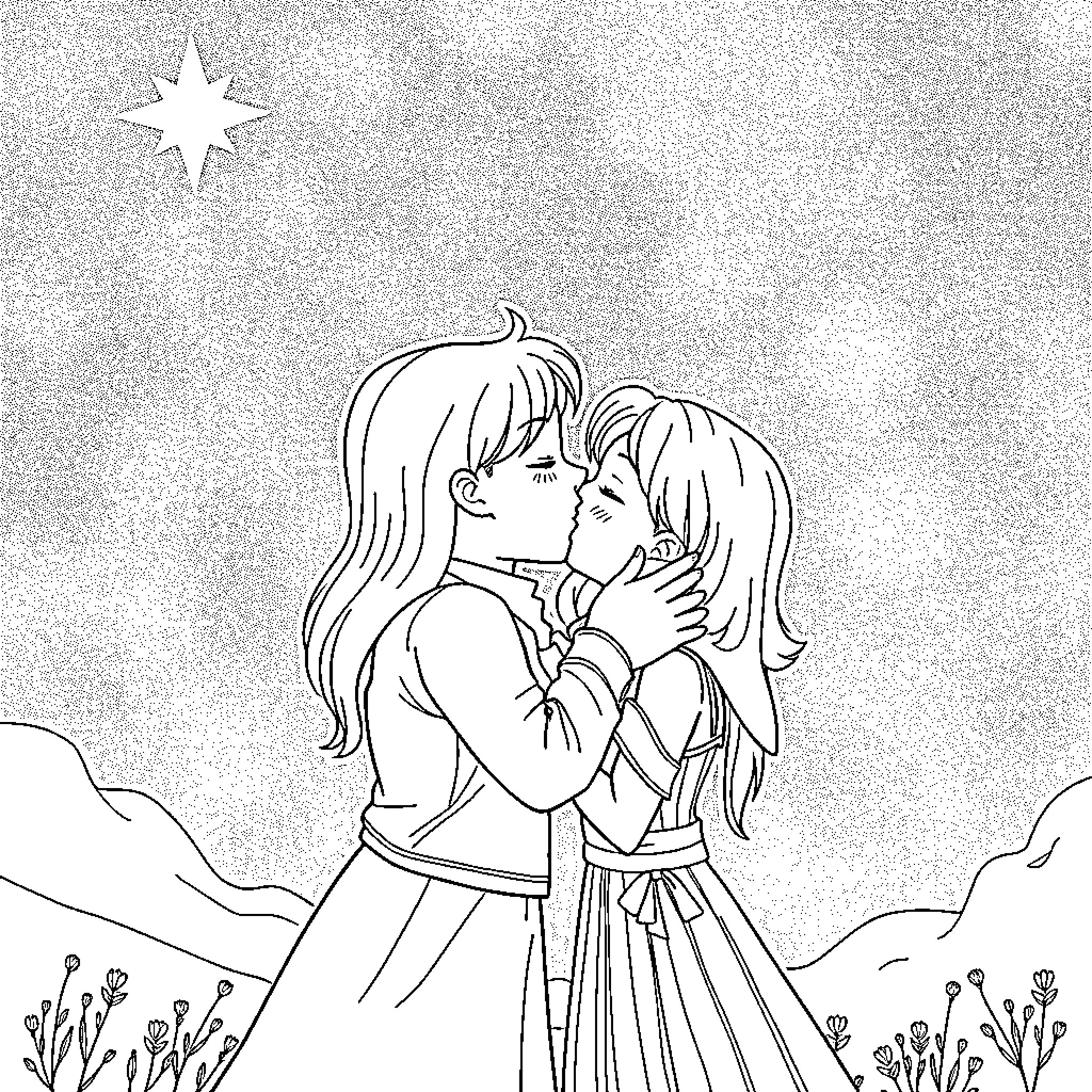 Pomni two young lovers under the starry sky Coloring Page (free black-and-white line drawing printable PDF for all, from beginners to advanced learners, including children, teens, adults, and seniors)