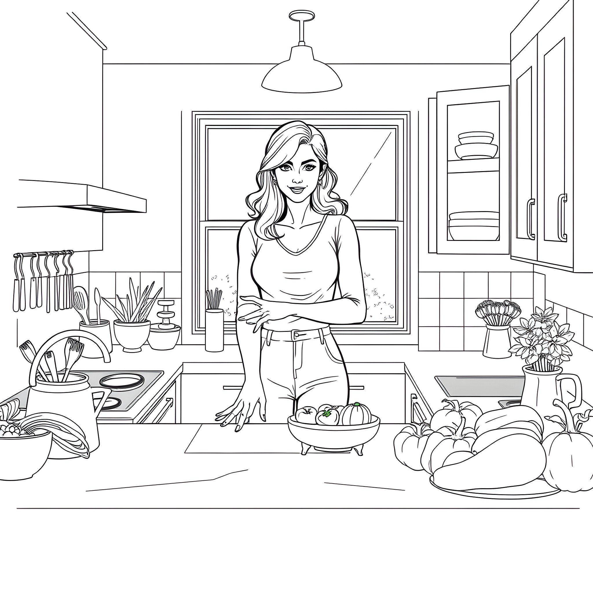 Woman in a cozy kitchen setting Coloring Page (free black-and-white line drawing printable PDF for all, from beginners to advanced learners, including children, teens, adults, and seniors)