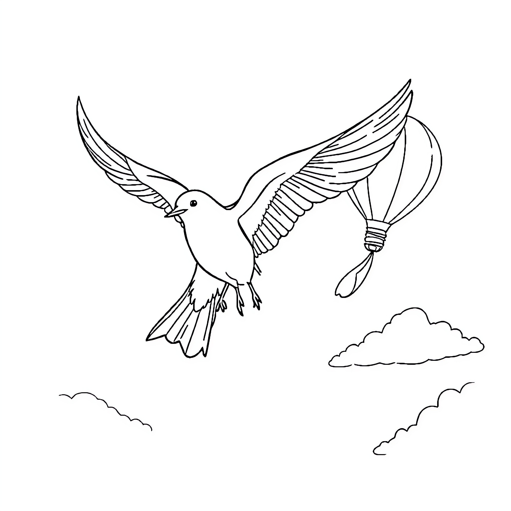 Seagull soaring with hot air balloon Coloring Page (free black-and-white line drawing printable PDF for all, from beginners to advanced learners, including children, teens, adults, and seniors)