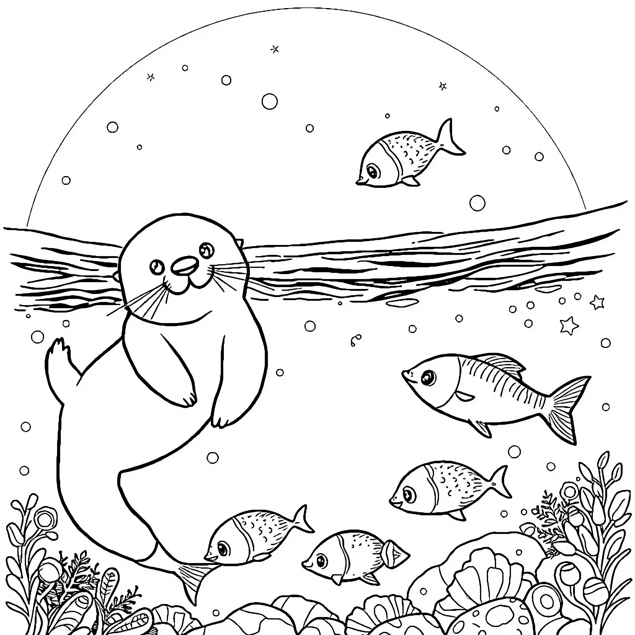 Otter swimming playfully with colorful fish Coloring Page (free black-and-white line drawing printable PDF for all, from beginners to advanced learners, including children, teens, adults, and seniors)