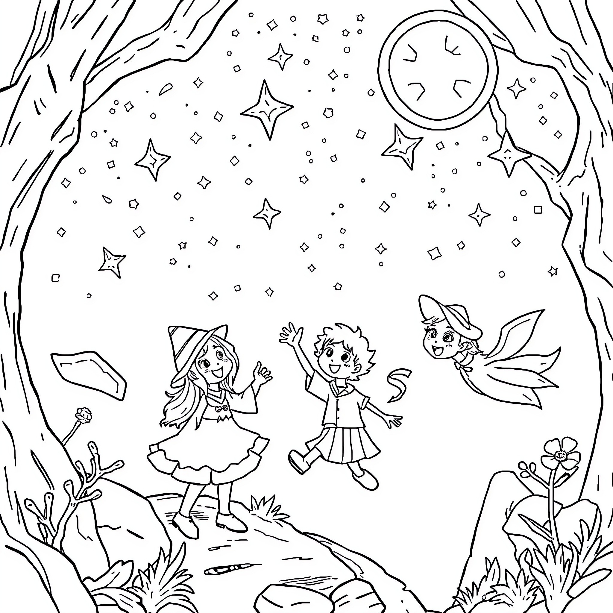 Starcatcher's Magical Adventure Coloring Page (free black-and-white line drawing printable PDF for all, from beginners to advanced learners, including children, teens, adults, and seniors)