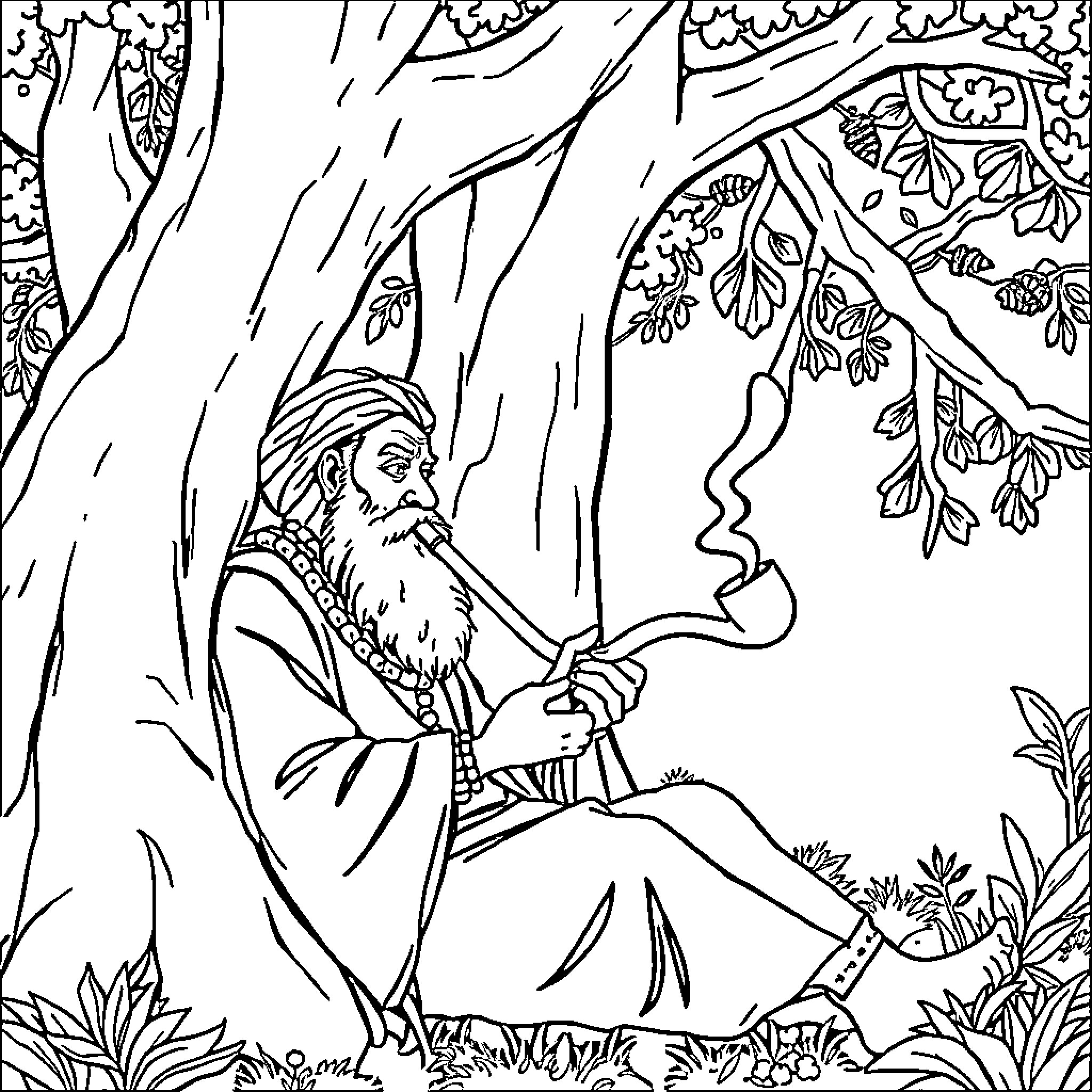 Sage meditating in the serene forest Coloring Page (free black-and-white line drawing printable PDF for all, from beginners to advanced learners, including children, teens, adults, and seniors)