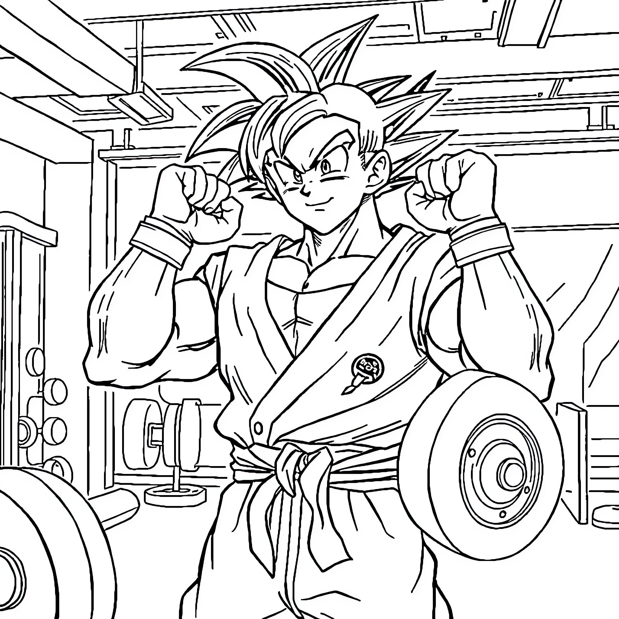 Son Goku in a Determined Fighting Pose Coloring Page (free black-and-white line drawing printable PDF for all, from beginners to advanced learners, including children, teens, adults, and seniors)