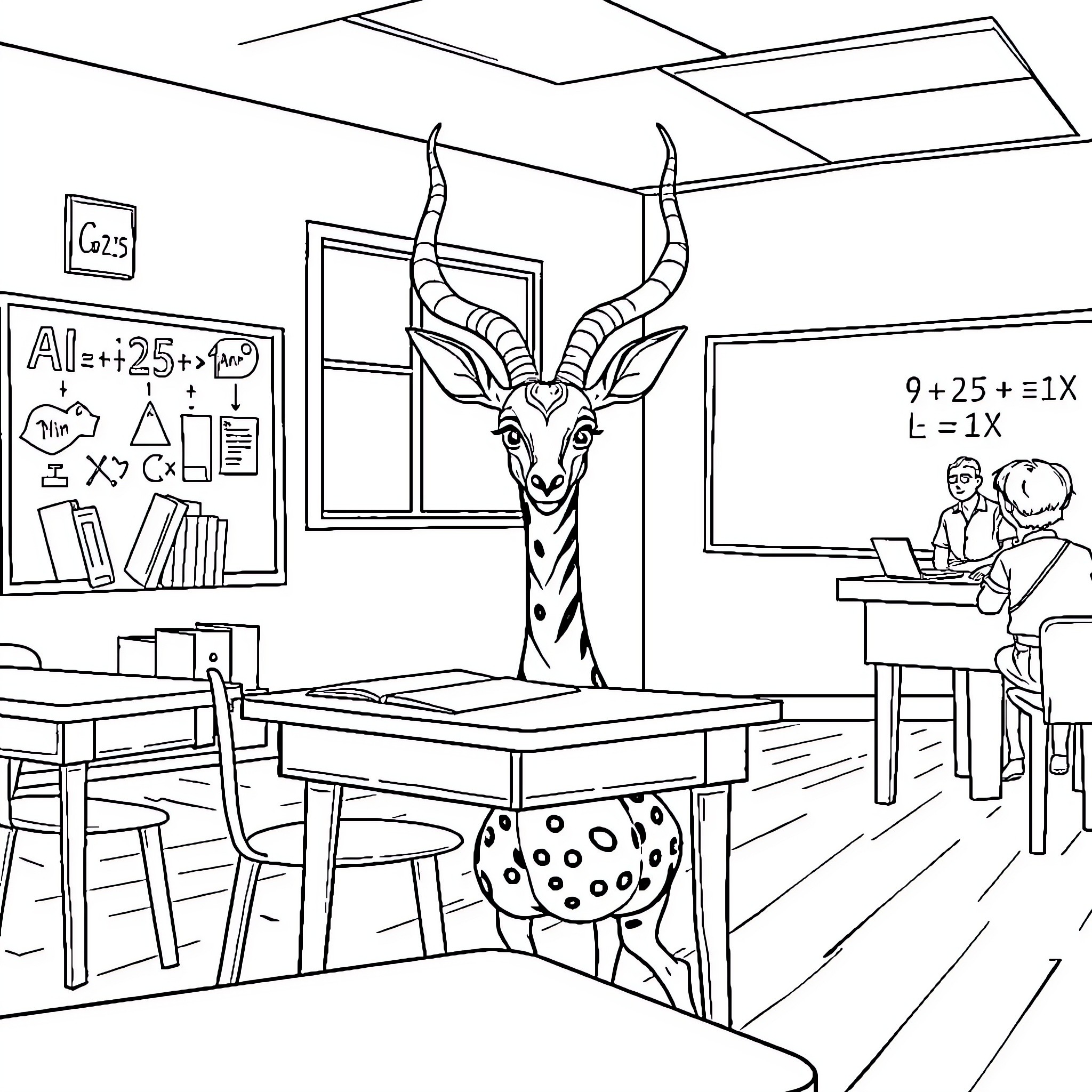 Impala observing students in an educational setting Coloring Page (free black-and-white line drawing printable PDF for all, from beginners to advanced learners, including children, teens, adults, and seniors)