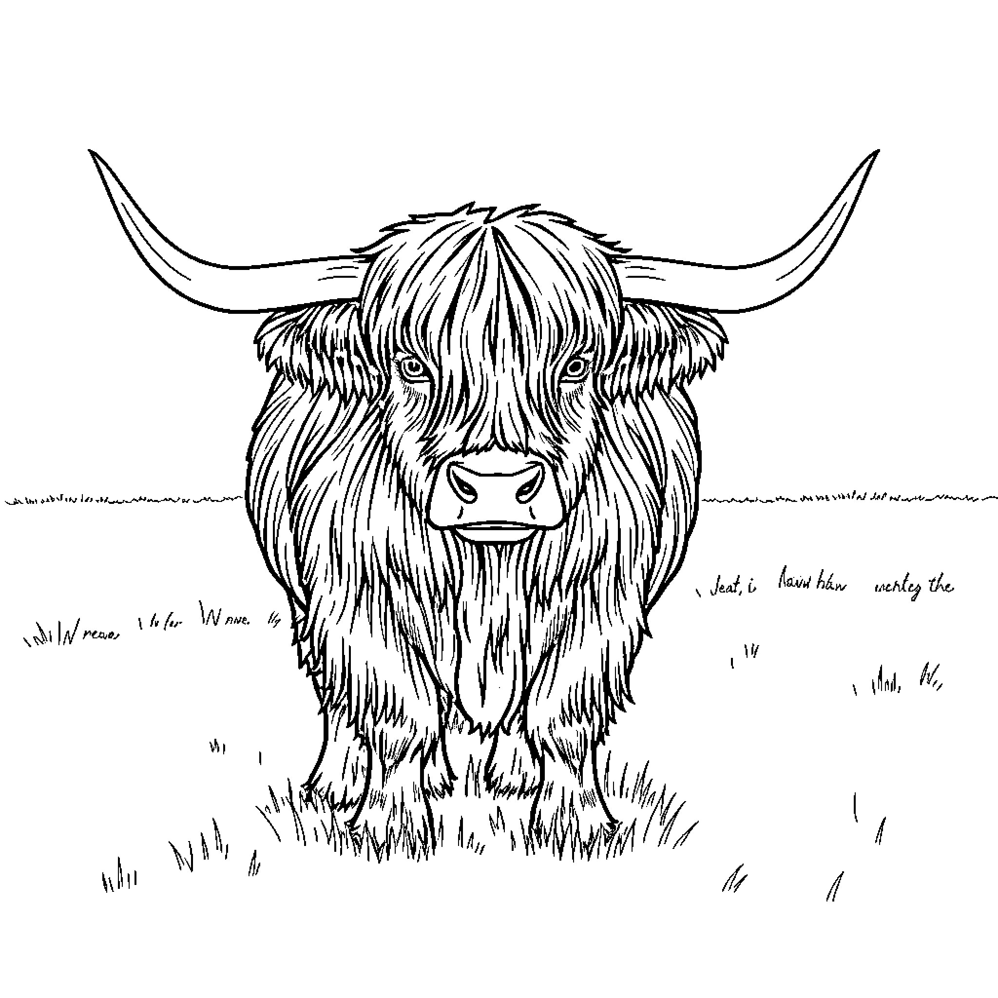 Highland Cow grazing in the meadow Coloring Page (free black-and-white line drawing printable PDF for all, from beginners to advanced learners, including children, teens, adults, and seniors)