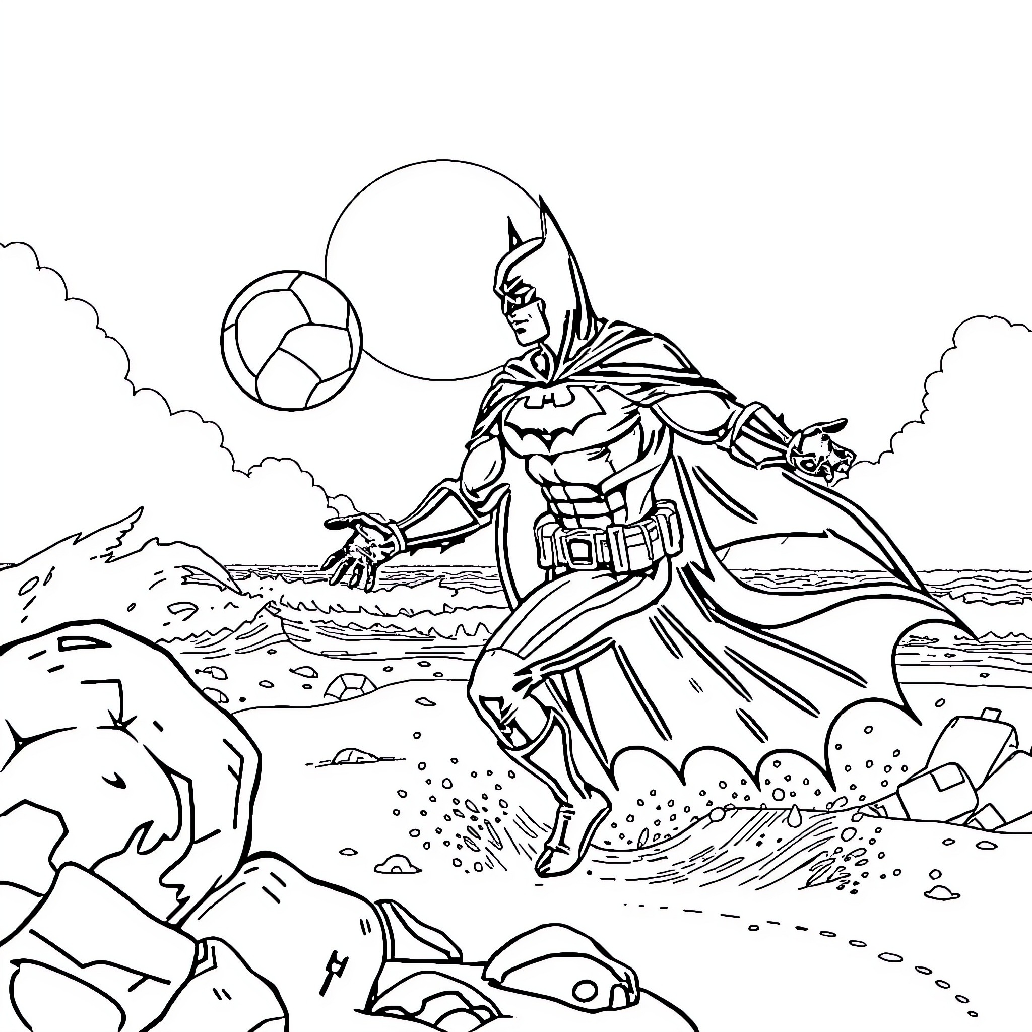 Batman patrolling the streets at night Coloring Page (free black-and-white line drawing printable PDF for all, from beginners to advanced learners, including children, teens, adults, and seniors)