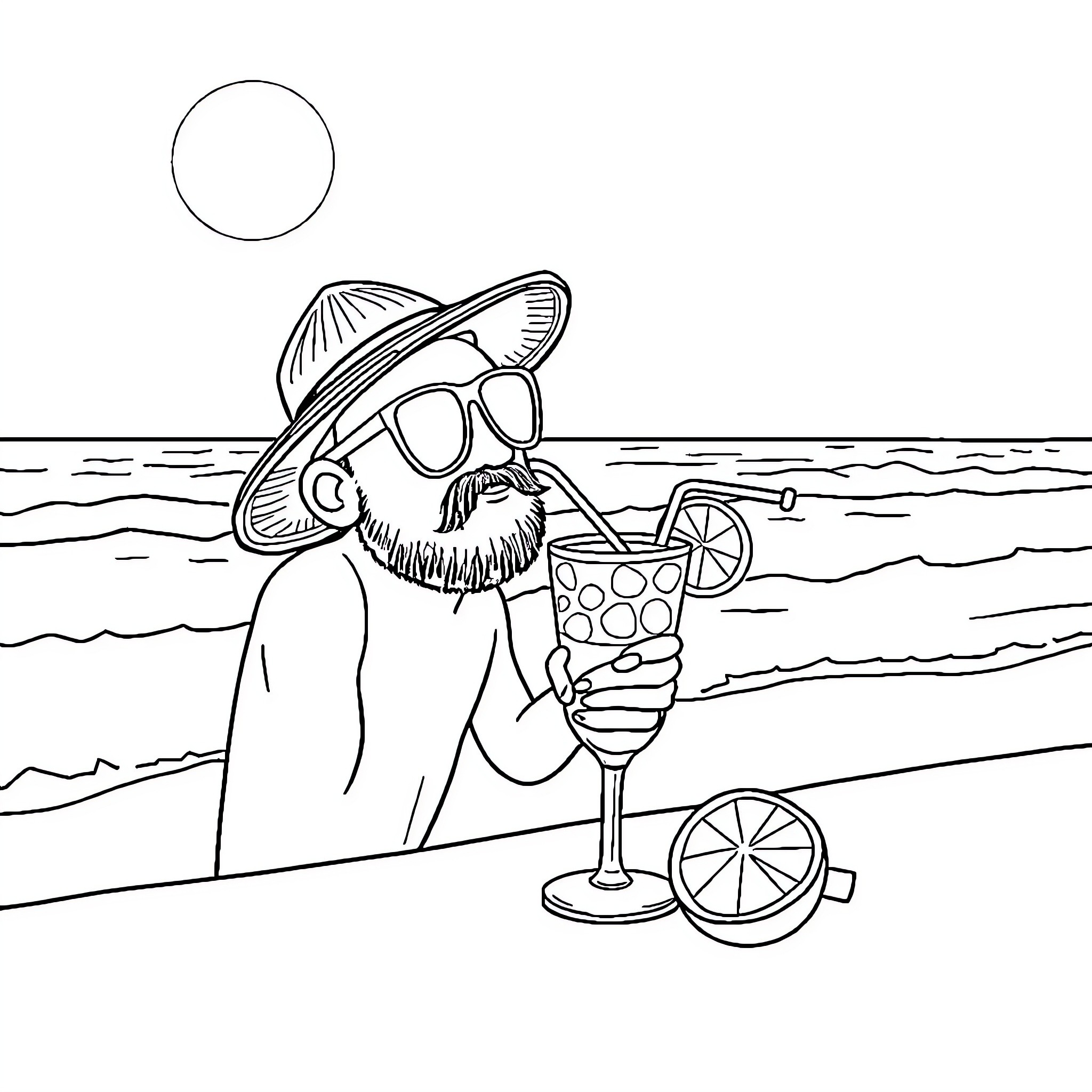 Capybara relaxing on the beach with a refreshing drink Coloring Page (free black-and-white line drawing printable PDF for all, from beginners to advanced learners, including children, teens, adults, and seniors)