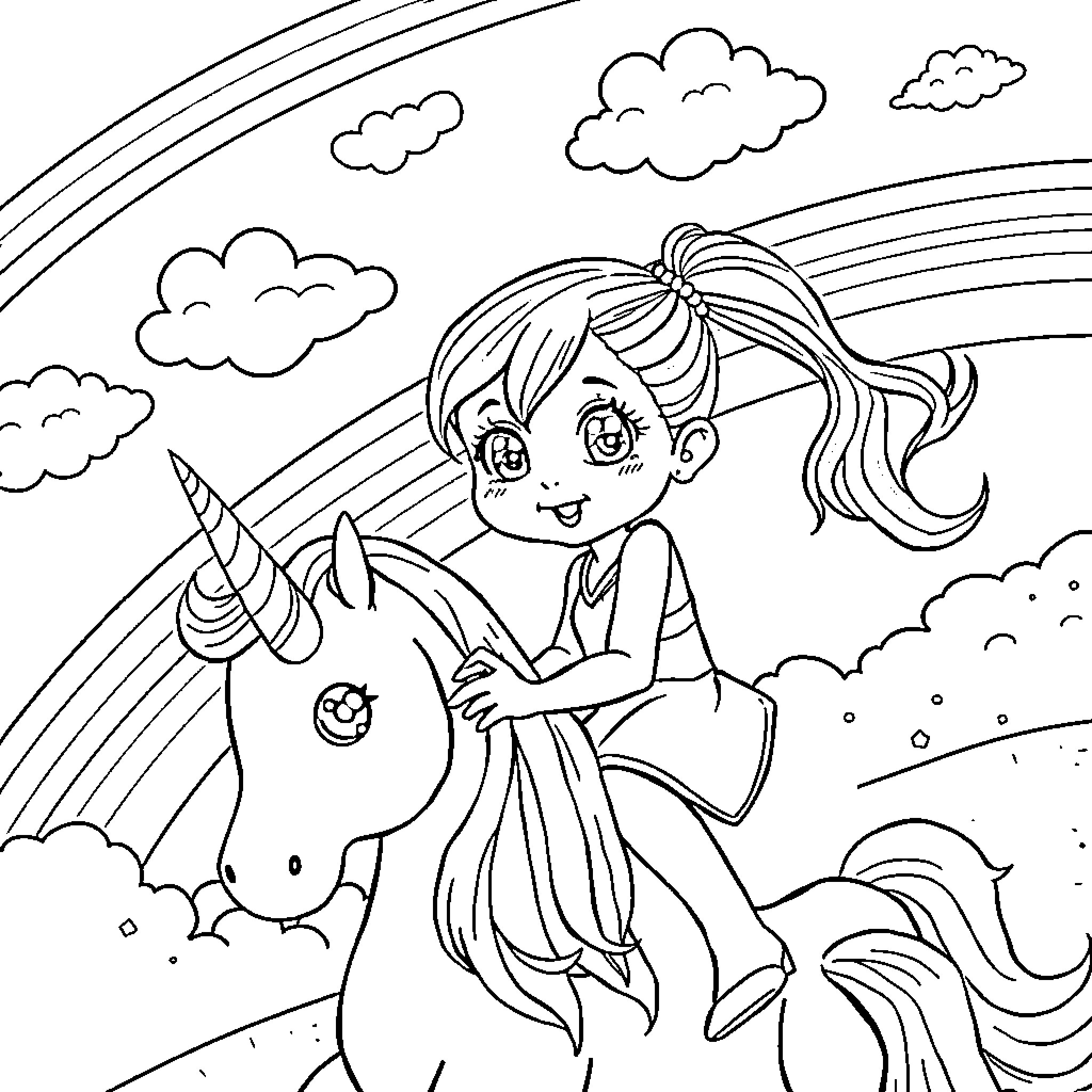 Girl riding a magical unicorn under the rainbow Coloring Page (free black-and-white line drawing printable PDF for all, from beginners to advanced learners, including children, teens, adults, and seniors)