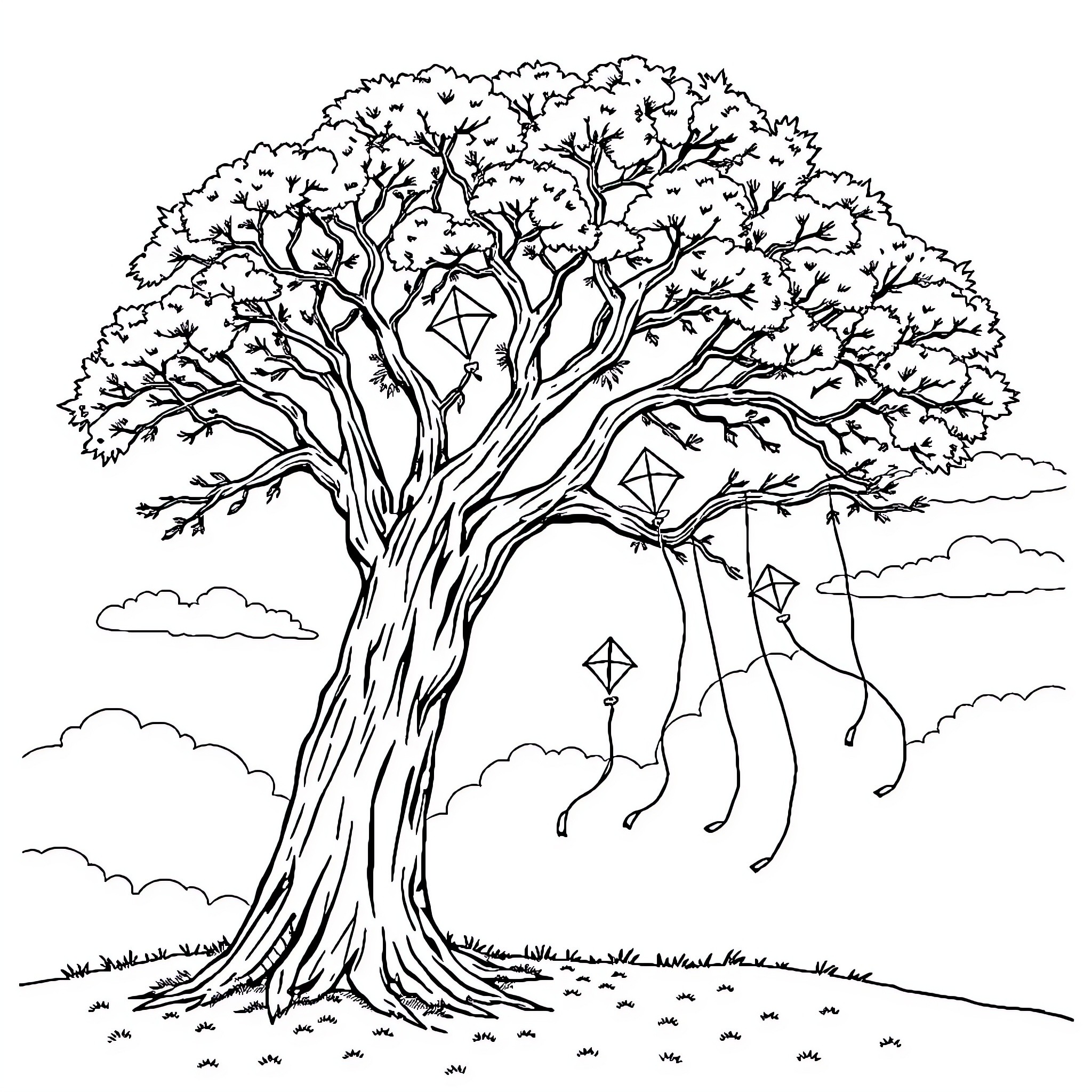 Tree with kites flying in the sky Coloring Page (free black-and-white line drawing printable PDF for all, from beginners to advanced learners, including children, teens, adults, and seniors)